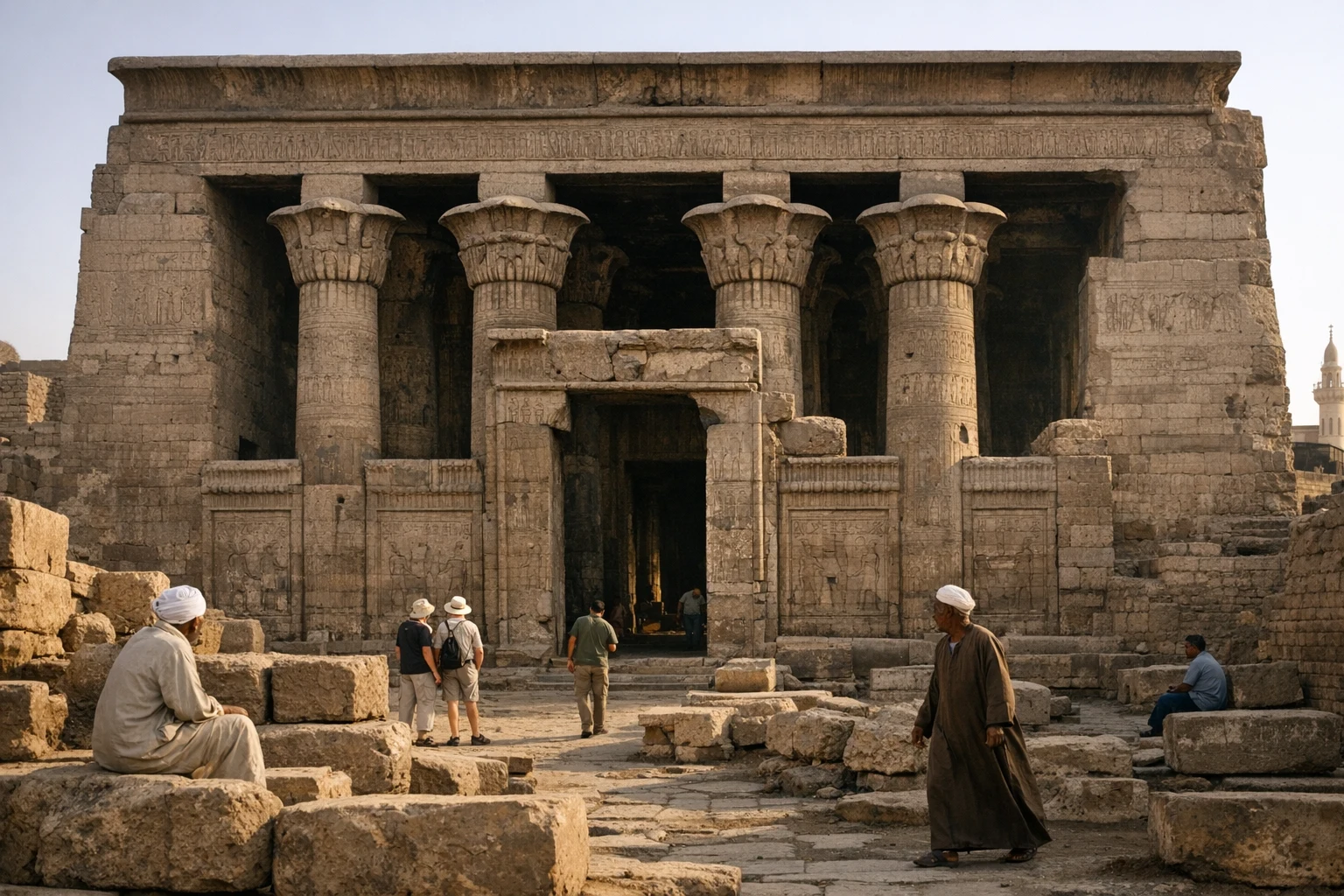The Temple of Esna in Egypt with its towering columns and carved Greco-Roman reliefs