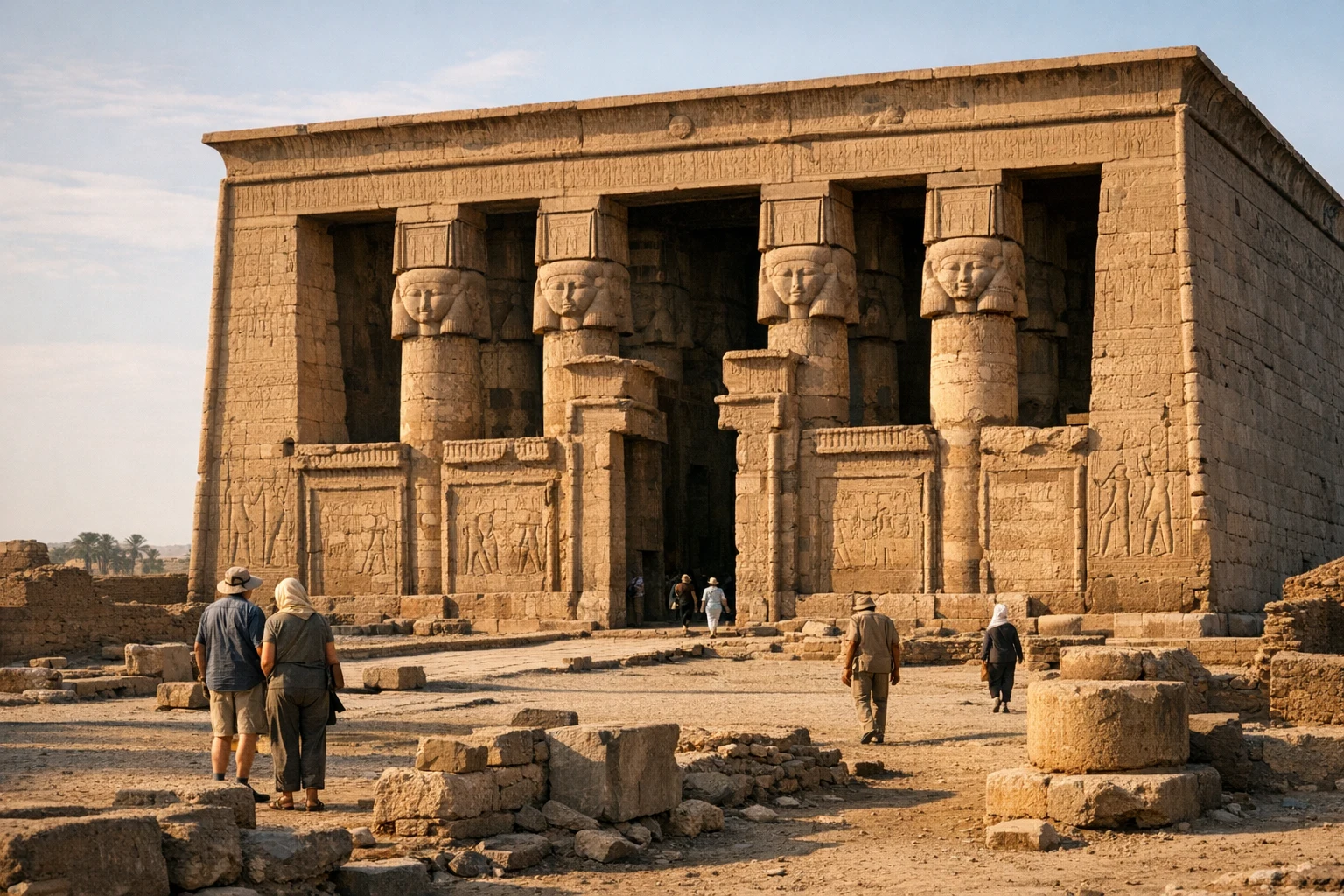 Ceiling and columns of the Temple of Hathor at Dendera, Egypt, richly painted with ancient reliefs.