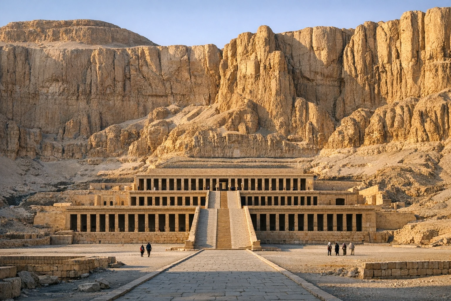The three-tiered colonnaded facade of the Temple of Hatshepsut rising against the golden limestone cliffs of Deir el-Bahari, Egypt