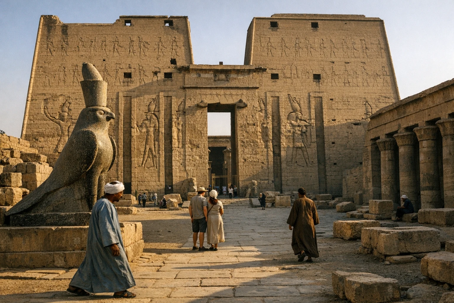 The grand façade of the Temple of Horus in Edfu, Egypt, under clear skies, with massive pylons and carved reliefs