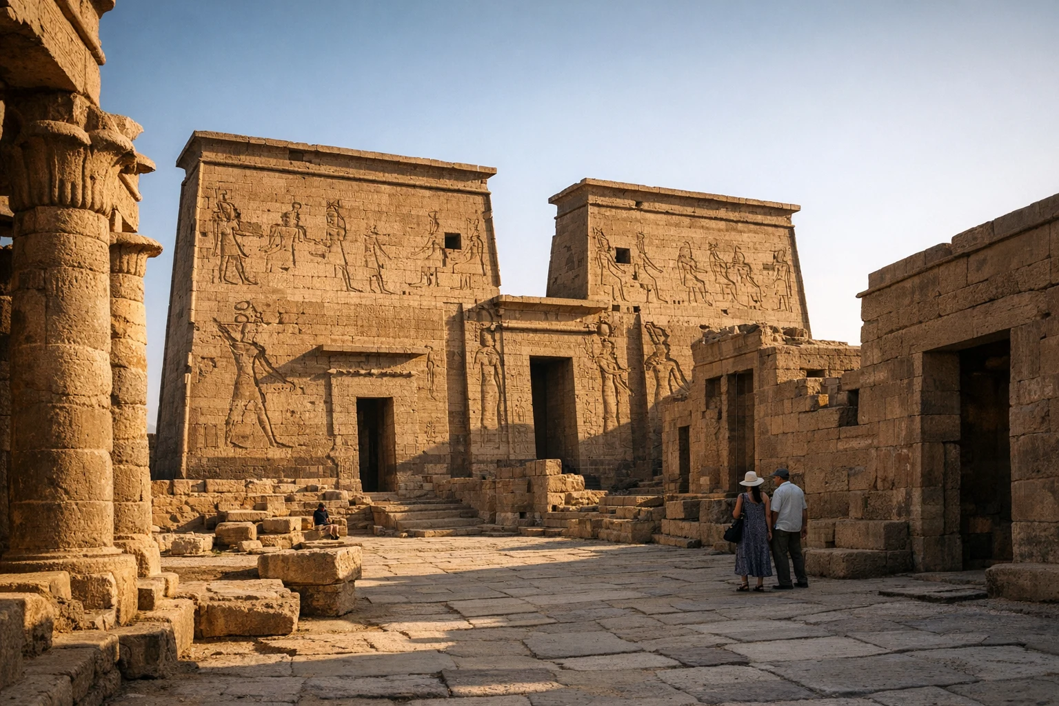 The Temple of Isis at Philae rising above the Nile island setting near Aswan in Egypt
