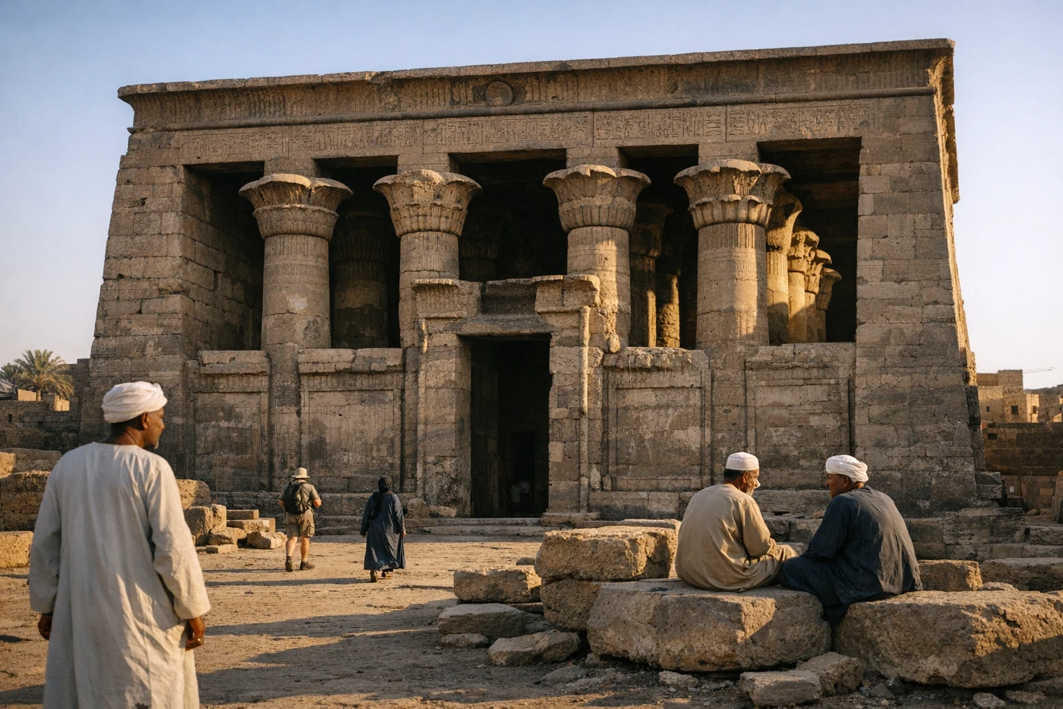Stone remains of the Temple of Khnum on Elephantine Island in Aswan, Egypt