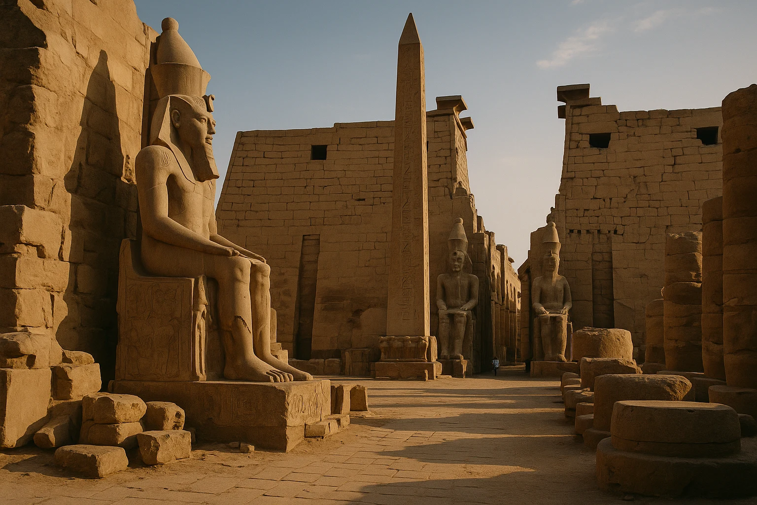 Towering stone columns and obelisk at the Temple of Luxor illuminated against the evening sky in Egypt