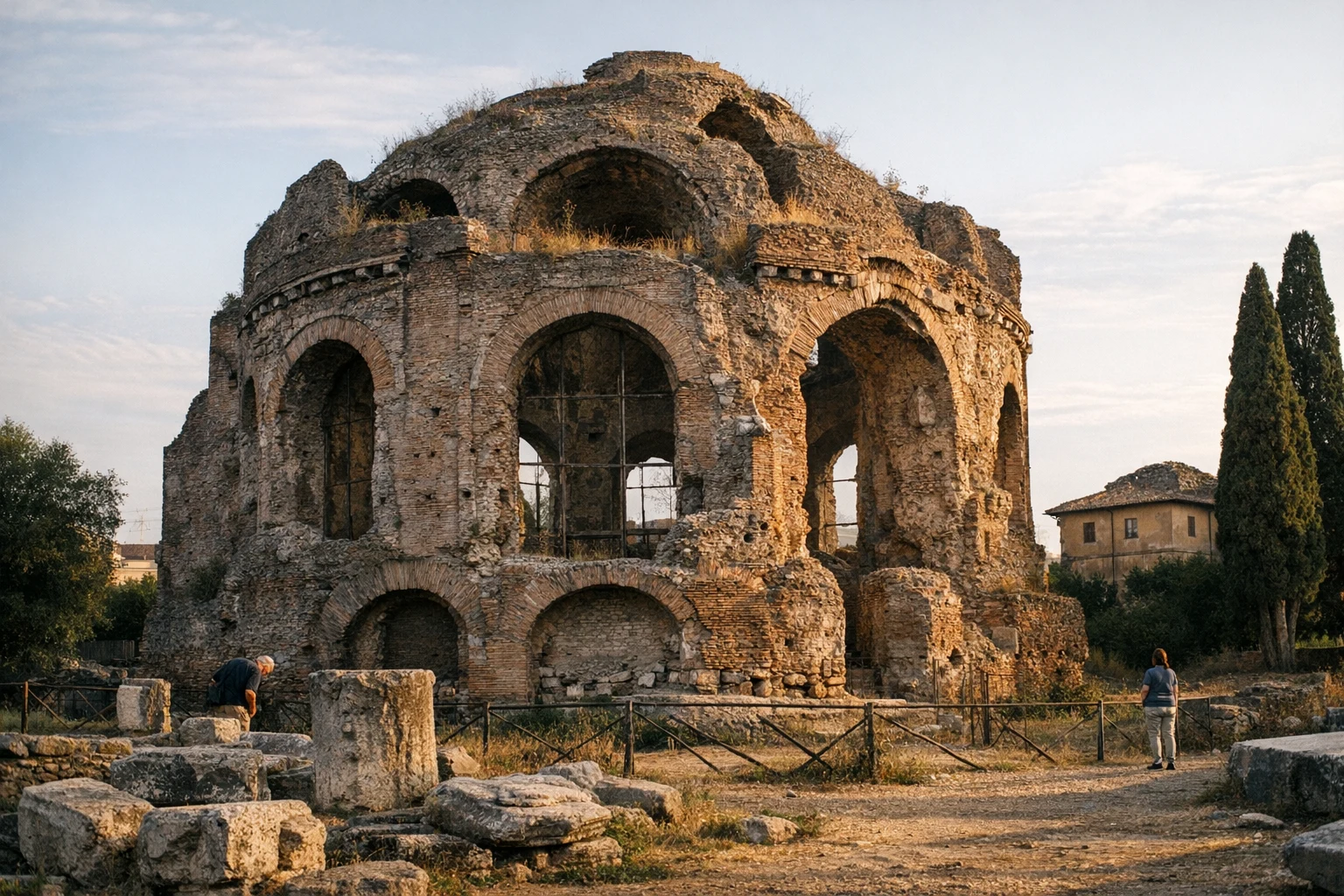 The Temple of Minerva Medica ruin in Rome, Italy, showing its towering brick decagonal hall