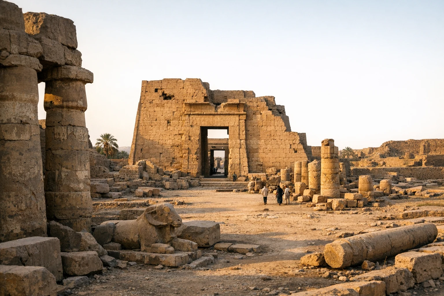 Ruins of the Temple of Montu in Egypt near ancient Thebes under bright desert light
