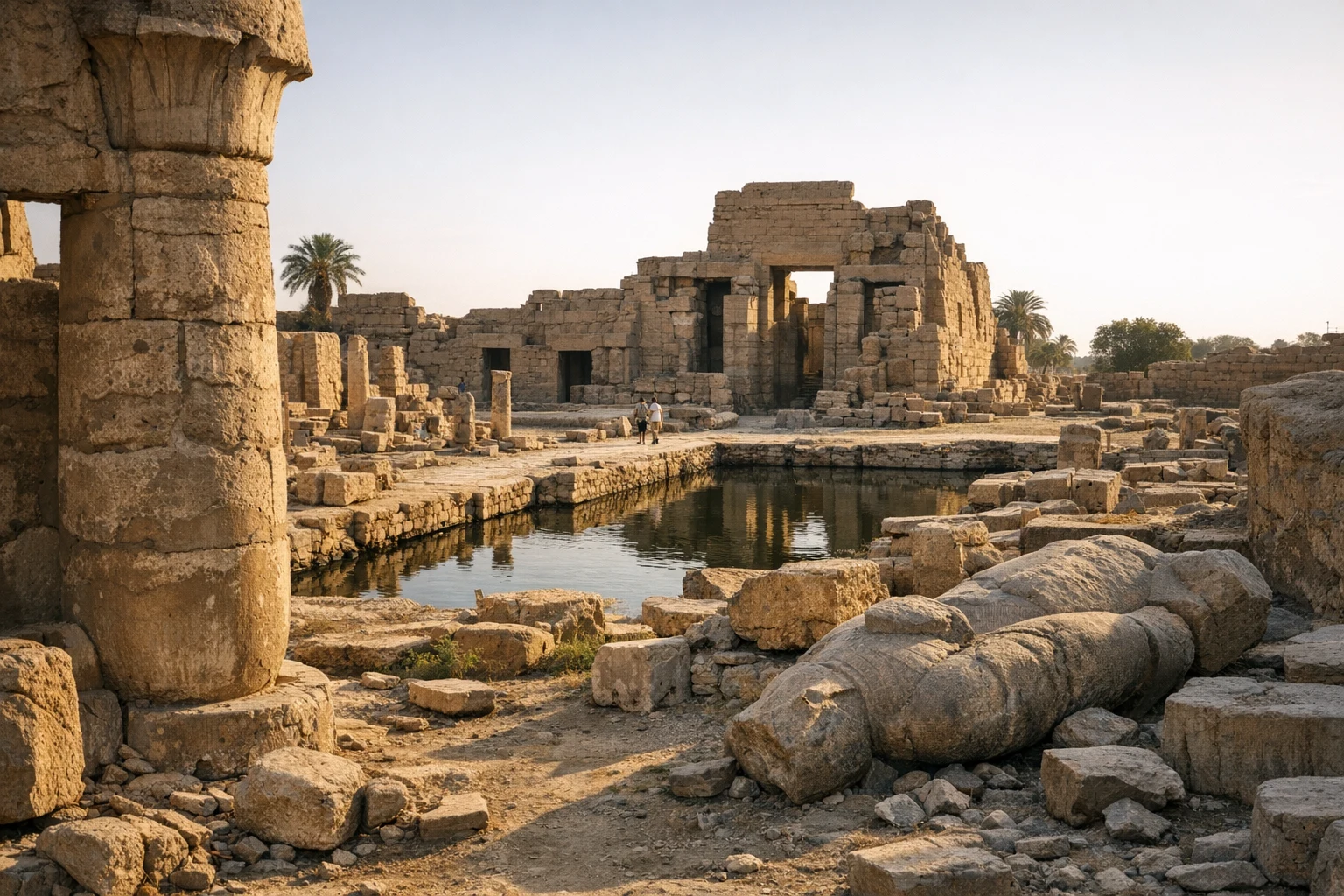 Ruins of the Temple of Mut in Luxor, Egypt, surrounded by palm trees and ancient columns