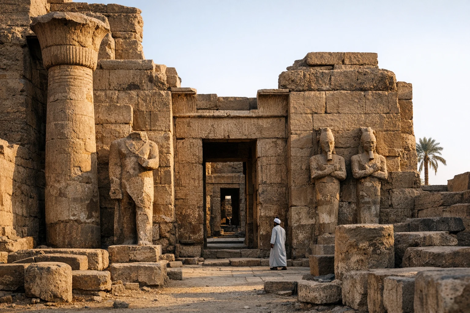Interior of the Temple of Opet with ancient Egyptian columns and wall carvings in Luxor, Egypt