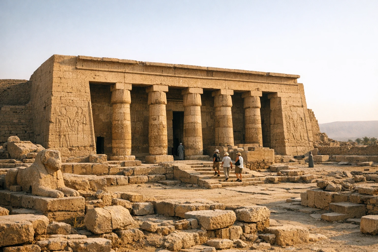 Ruins and carved stone walls at the Temple of Osiris (Abydos) in Egypt
