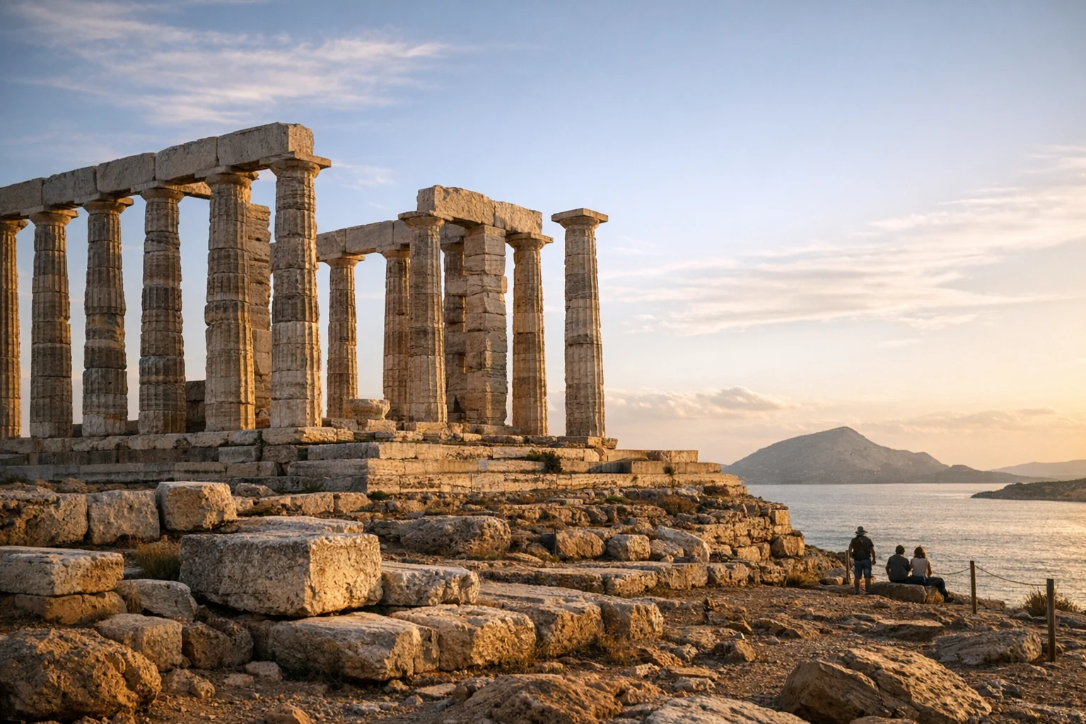 White marble columns of the Temple of Poseidon at Sounion overlooking the Aegean Sea in Greece