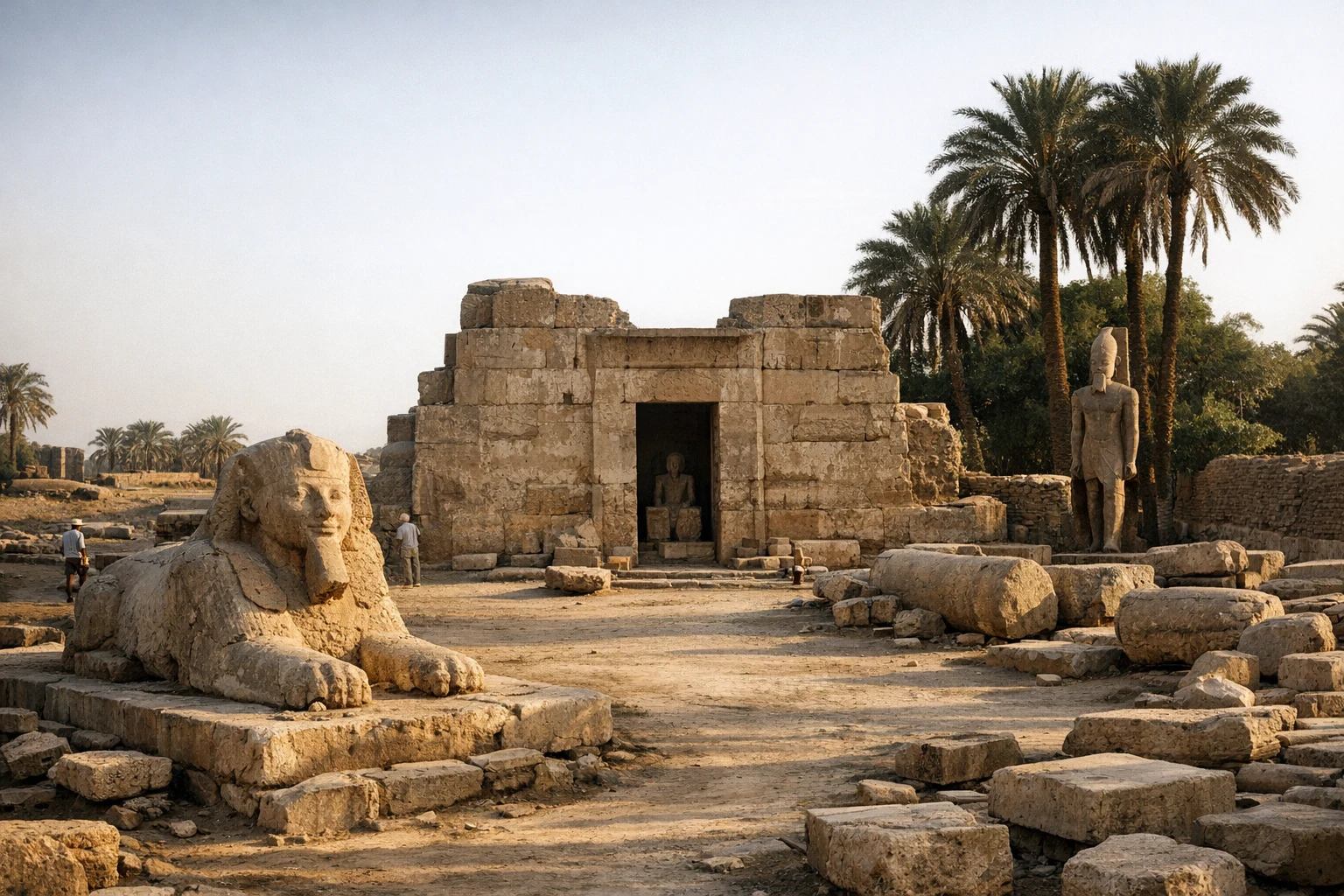 Ruins of the Temple of Ptah (Memphis) in Egypt with fallen stone blocks and open desert light