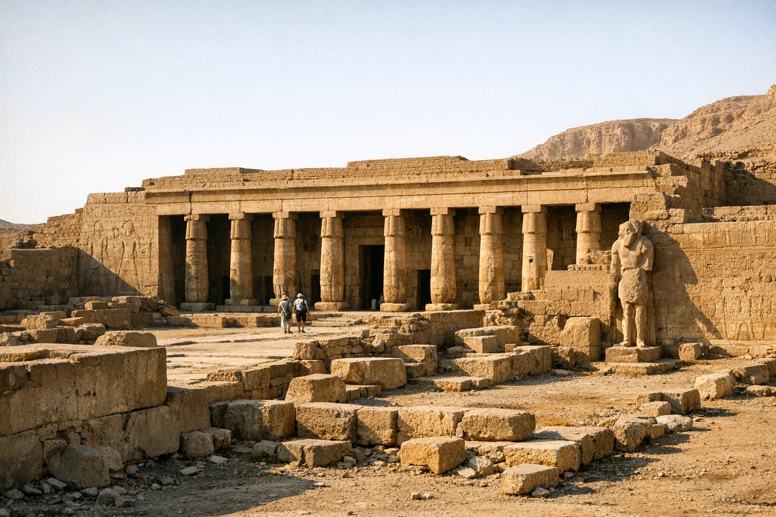 Columns and carved reliefs at the Temple of Seti I (Abydos) in Egypt