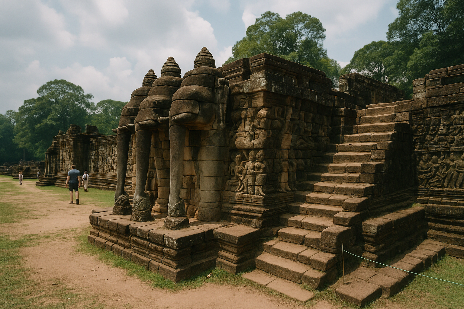 Stone elephant carvings along the Terrace of the Elephants in Angkor Thom