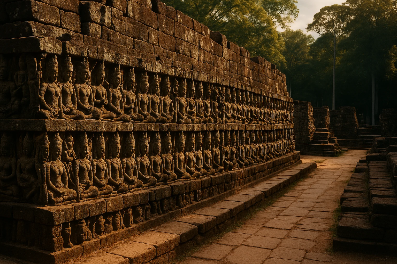 The Terrace of the Leper King at Angkor Thom, Cambodia, showing tiered bas-relief carvings of nagas and celestial figures