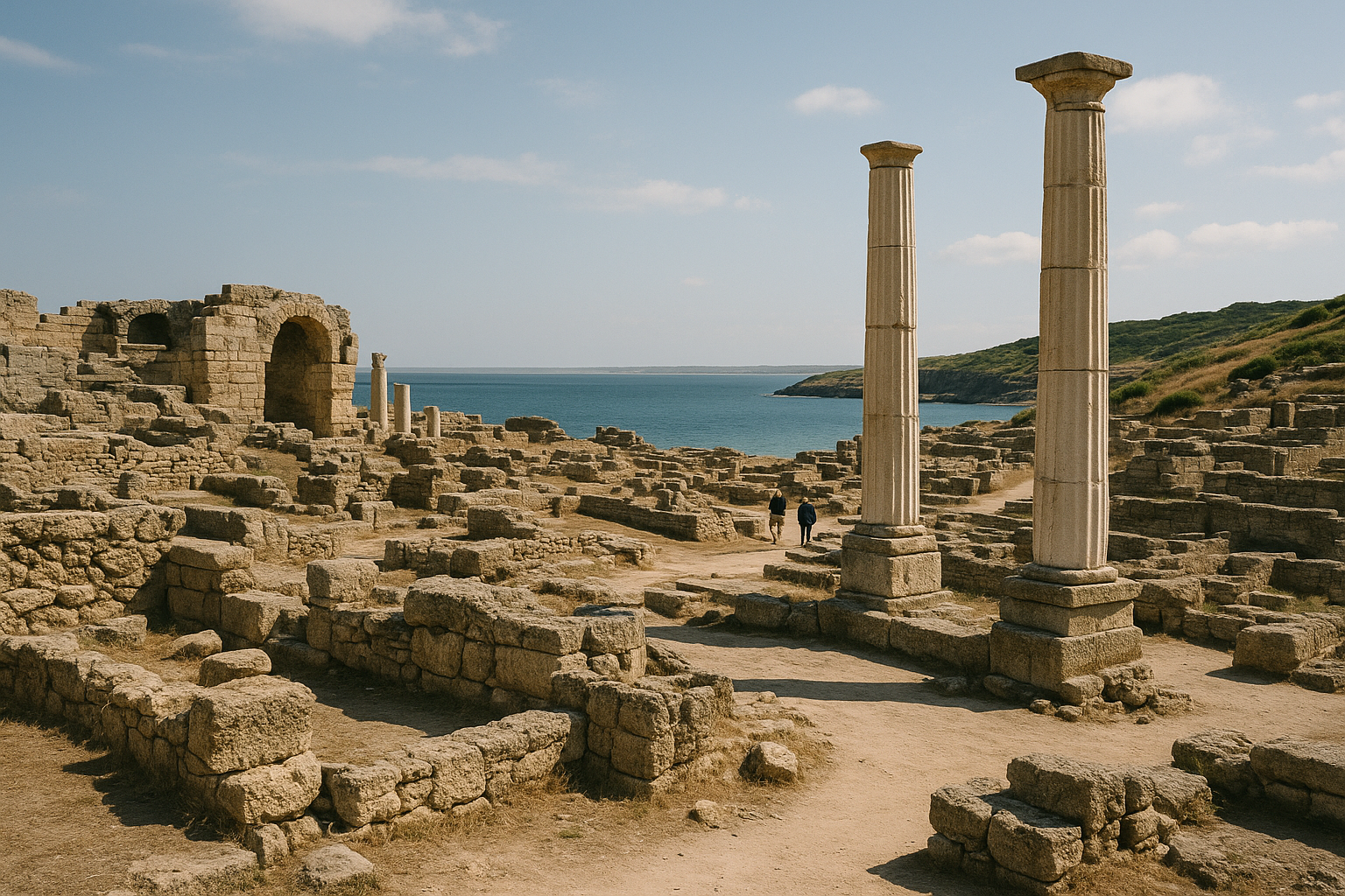 Ancient stone ruins and coastal headland at Tharros in Sardinia