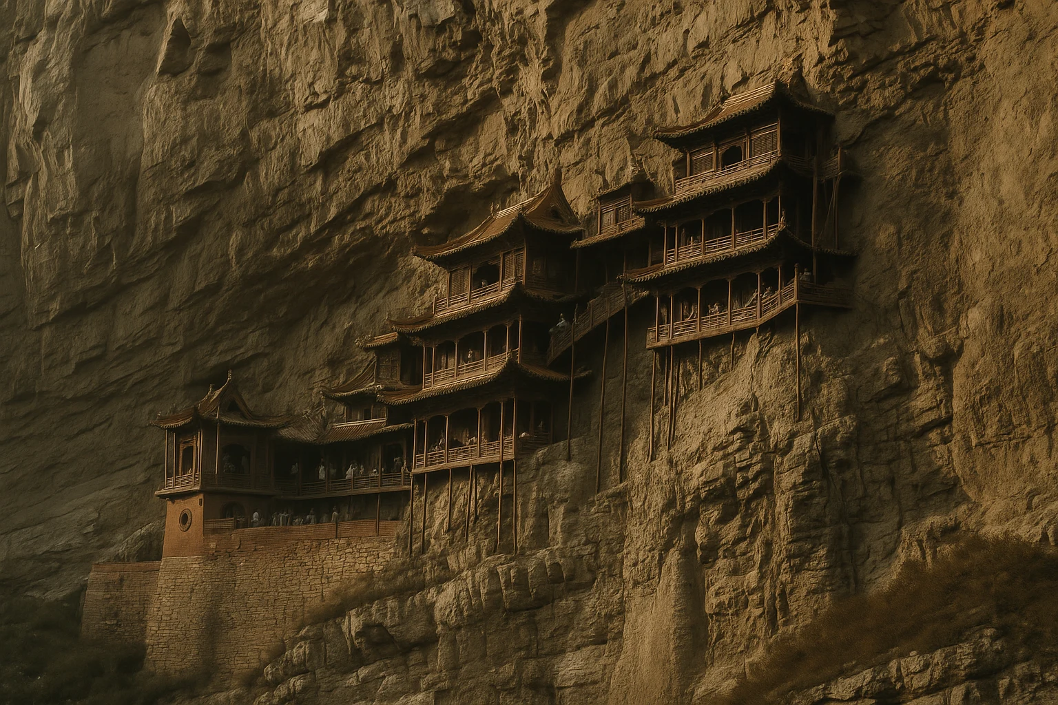 The Hanging Temple (Xuankong Temple) clinging to a sheer cliff face on Mount Hengshan in Shanxi, China