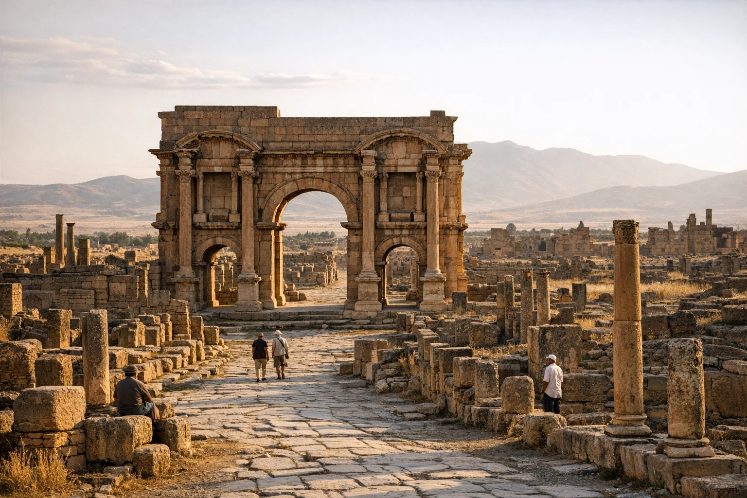 Roman ruins of Timgad in Algeria with stone streets, columns, and mountains in the background