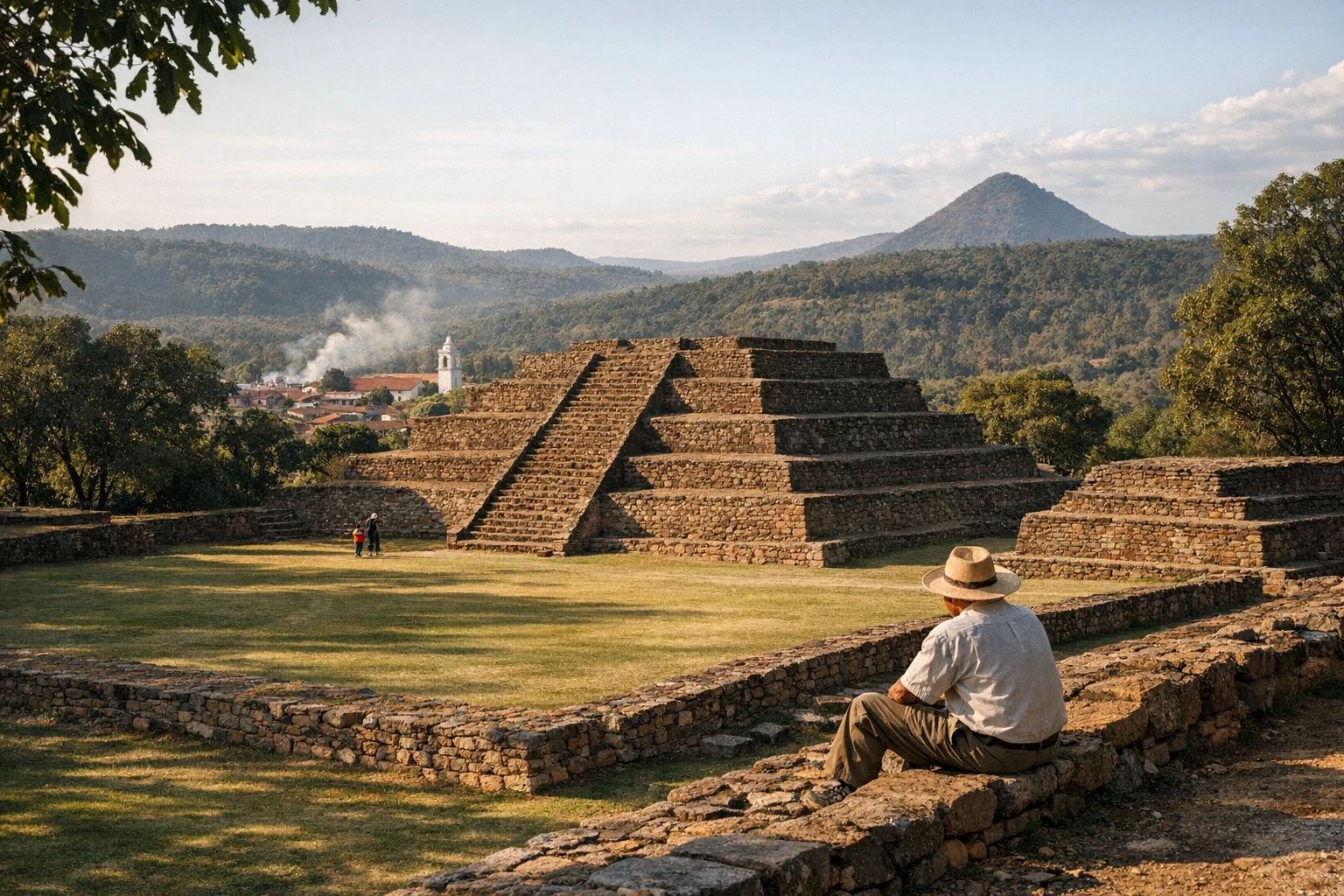 Ancient structures and grassy plaza at Tingambato in Michoacán, Mexico