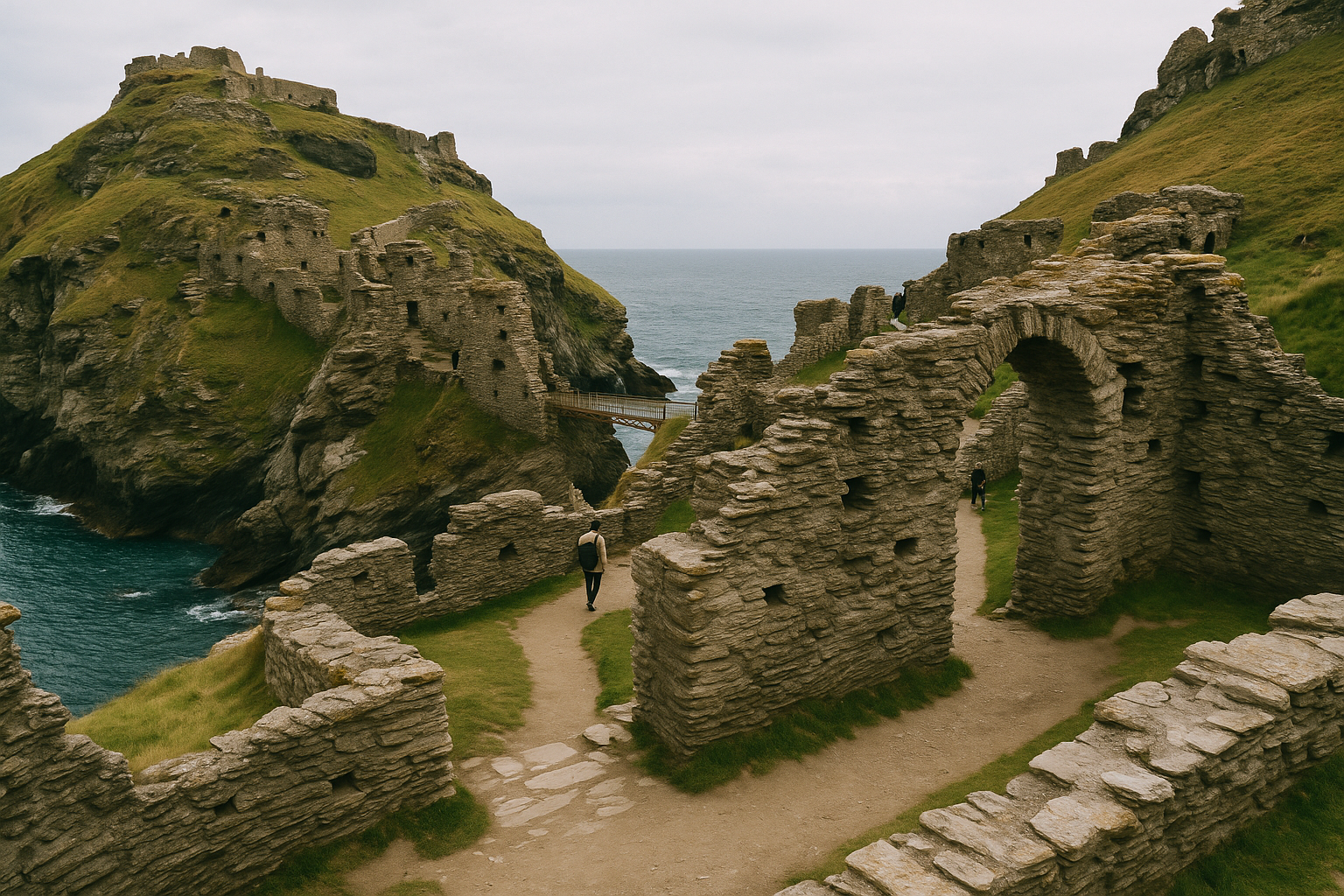 Clifftop ruins of Tintagel Castle above the Cornish coast