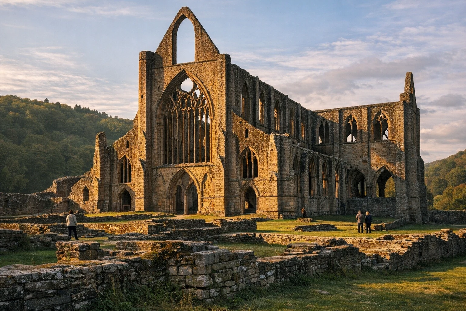 The soaring Gothic ruins of Tintern Abbey in the United Kingdom set within the green Wye Valley
