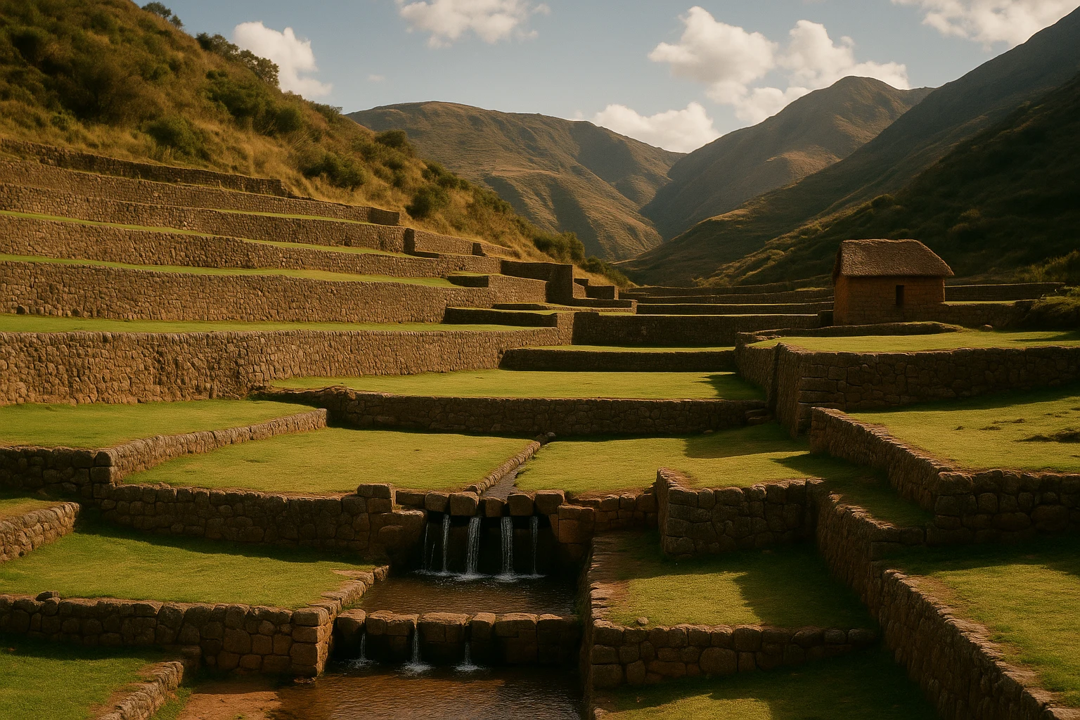 Inca agricultural terraces and flowing stone water channels at Tipon, Peru