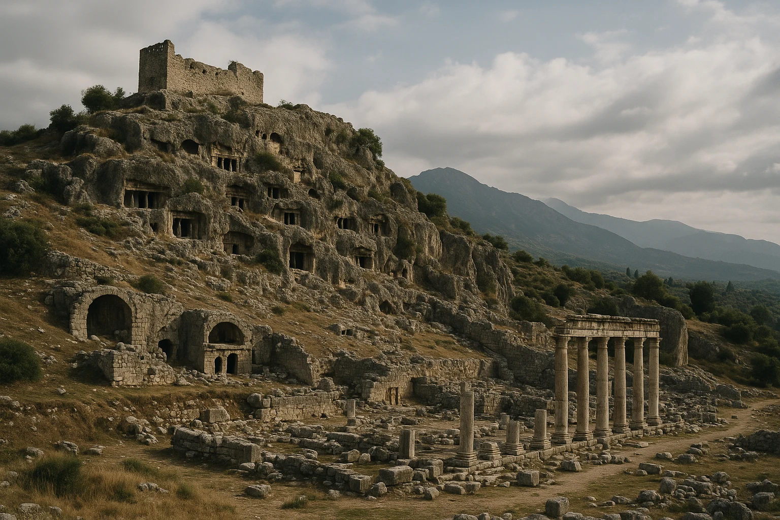 Rock-cut Lycian tombs and hilltop fortress at Tlos, Turkey