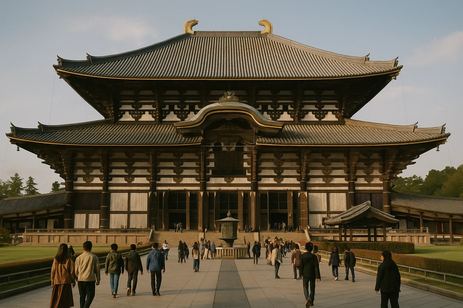 The Great Buddha Hall of Todaiji Temple rising above ancient cedar trees in Nara, Japan