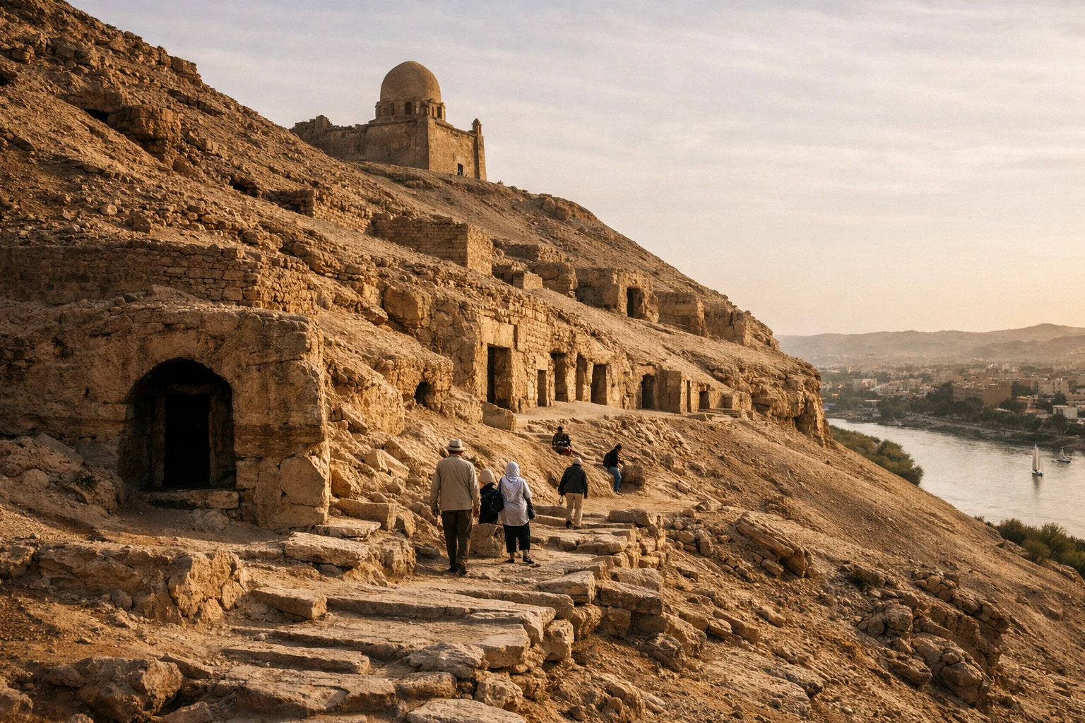 View of Tombs of Aswan carved into the cliffs on the banks of the Nile River in Egypt