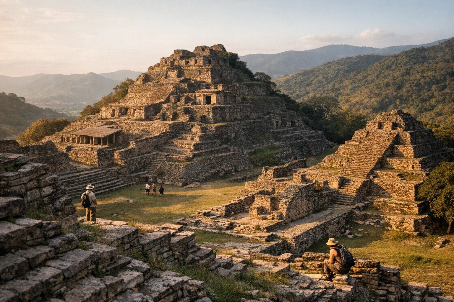 The towering pyramidal terraces of Tonina in Chiapas, Mexico, rising above the green Ocosingo Valley