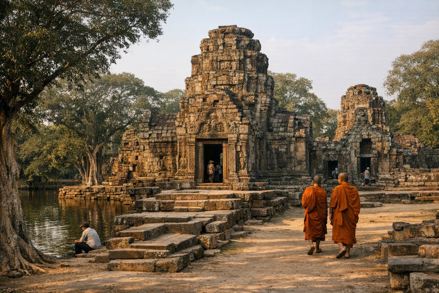 Ta Prohm at Tonle Bati in Cambodia with ancient sandstone towers and leafy surroundings