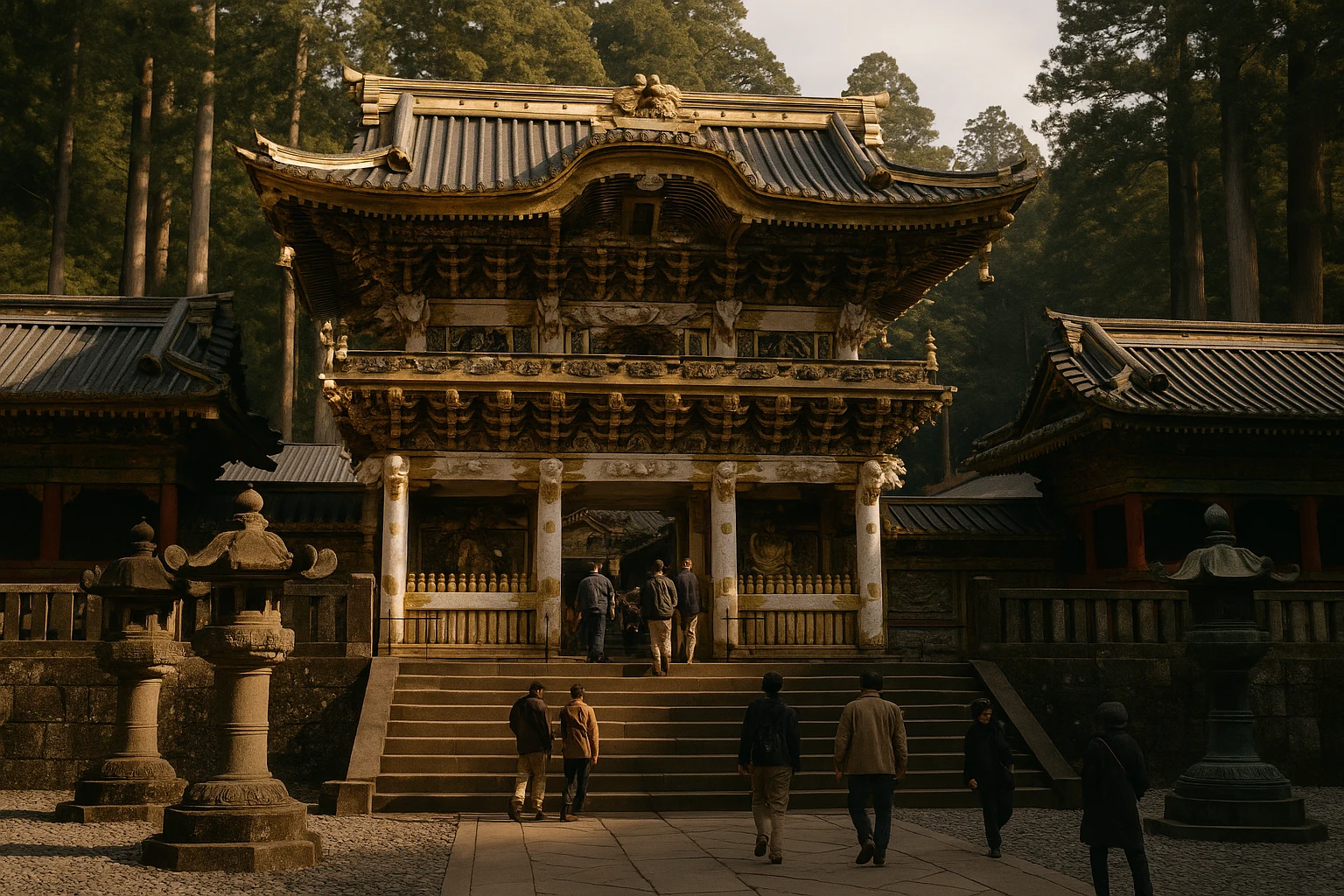 The elaborately gilded Yomeimon Gate of Toshogu Shrine rising above cedar trees in Nikko, Japan