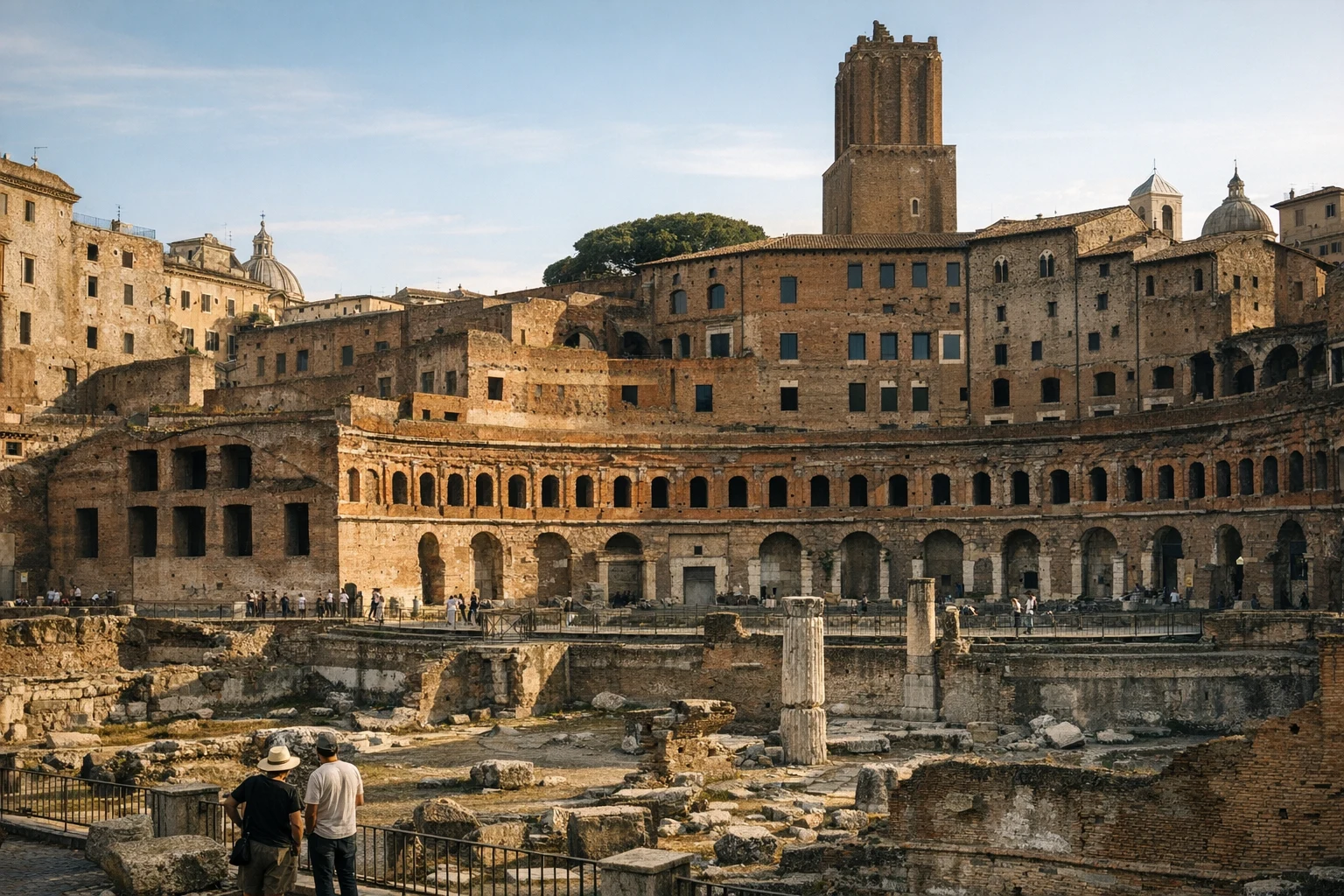 A panoramic view of Trajan's Market, showcasing its multi-level ancient Roman architecture in Rome, Italy