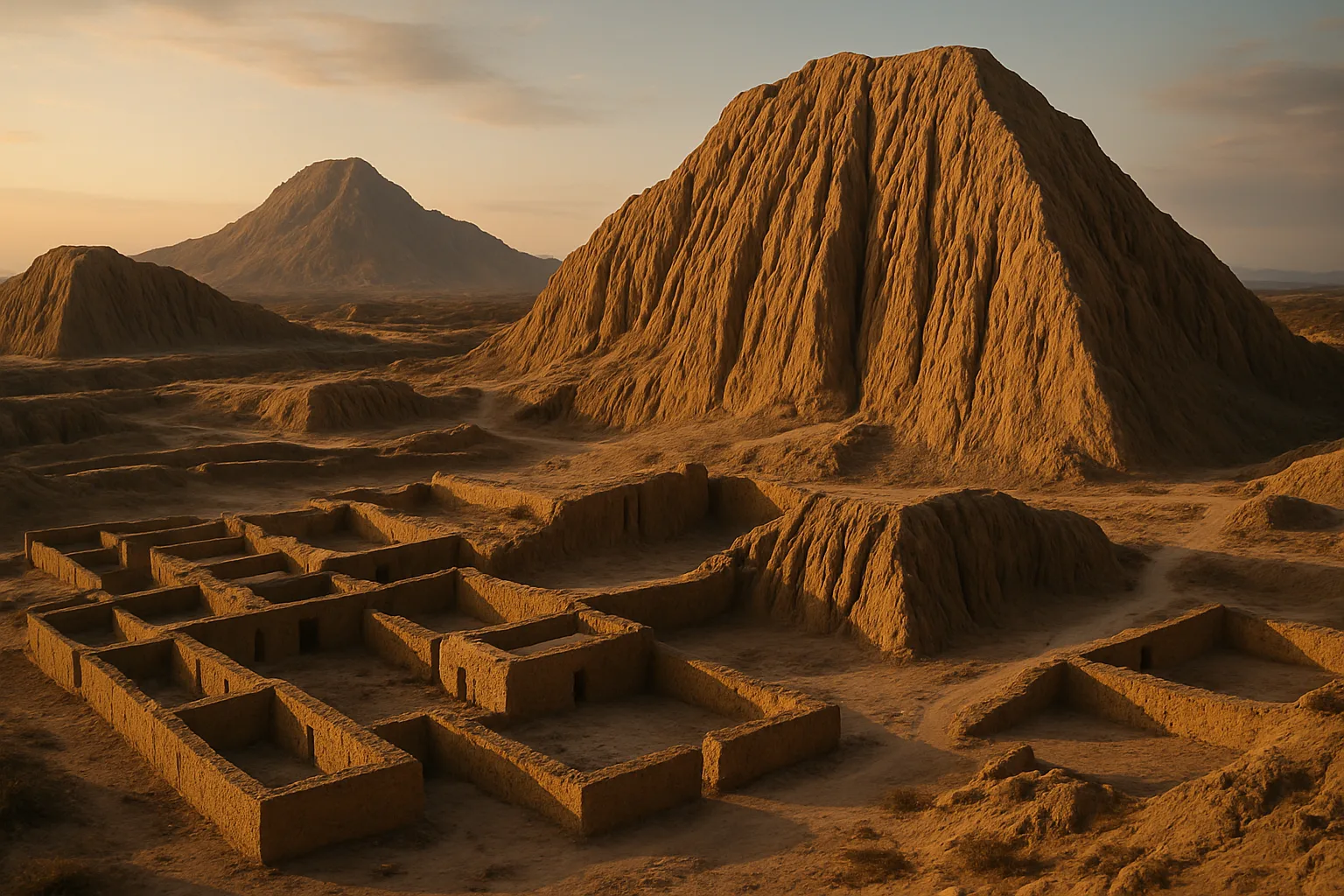 Adobe pyramids rising from the coastal desert at Tucume, Lambayeque region, Peru