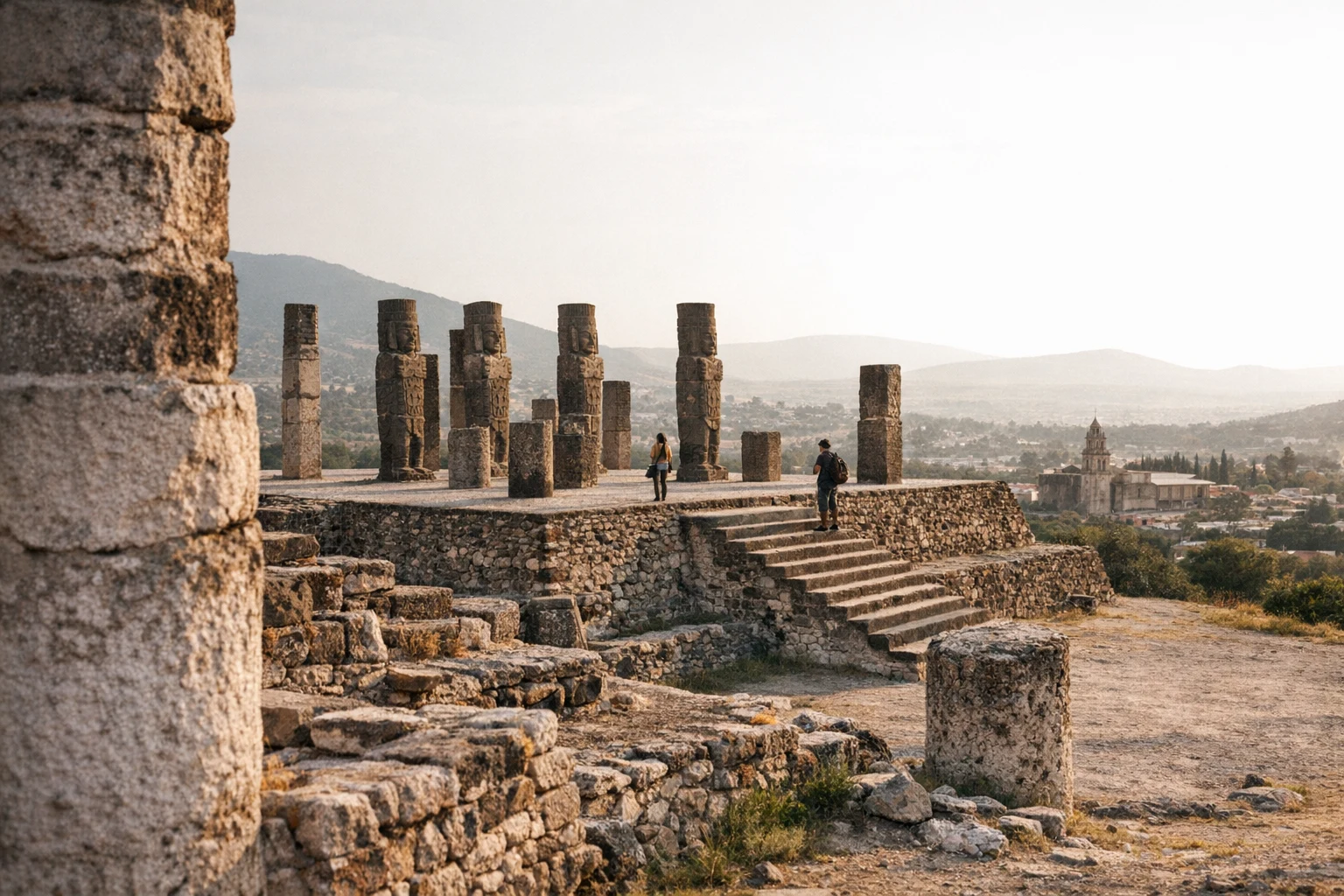 View of the Toltec Atlantean warrior statues at Tula archaeological site in Mexico