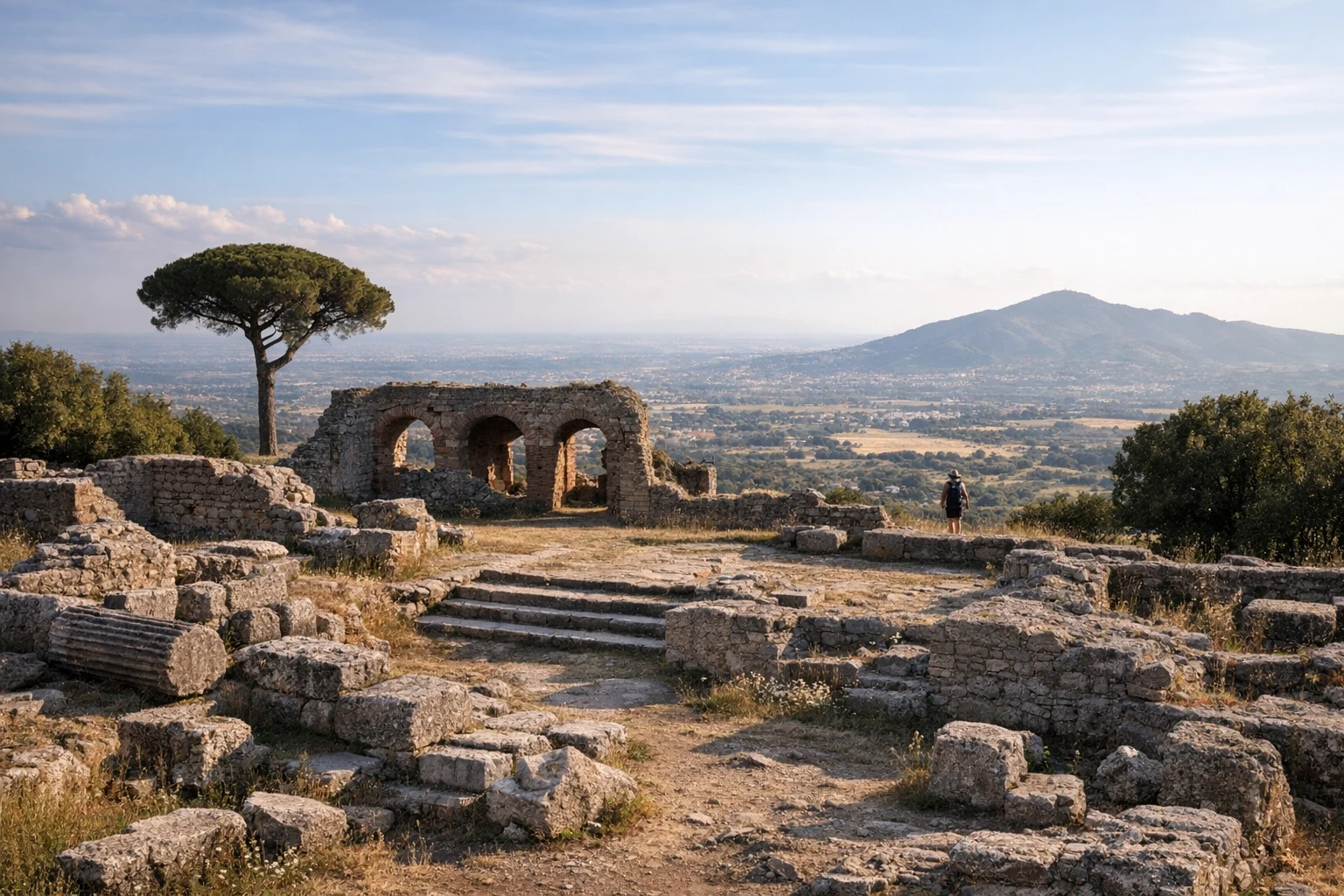 Ruins of ancient Tusculum in Lazio, Italy, overlooking the Roman countryside