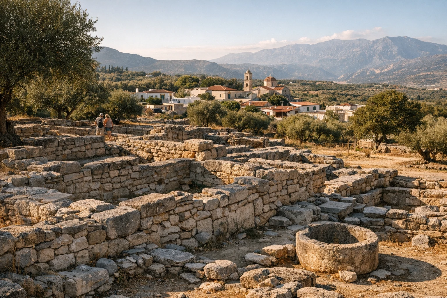 Ruins of ancient Tylissos in Crete, Greece, with stone walls and archaeological remains