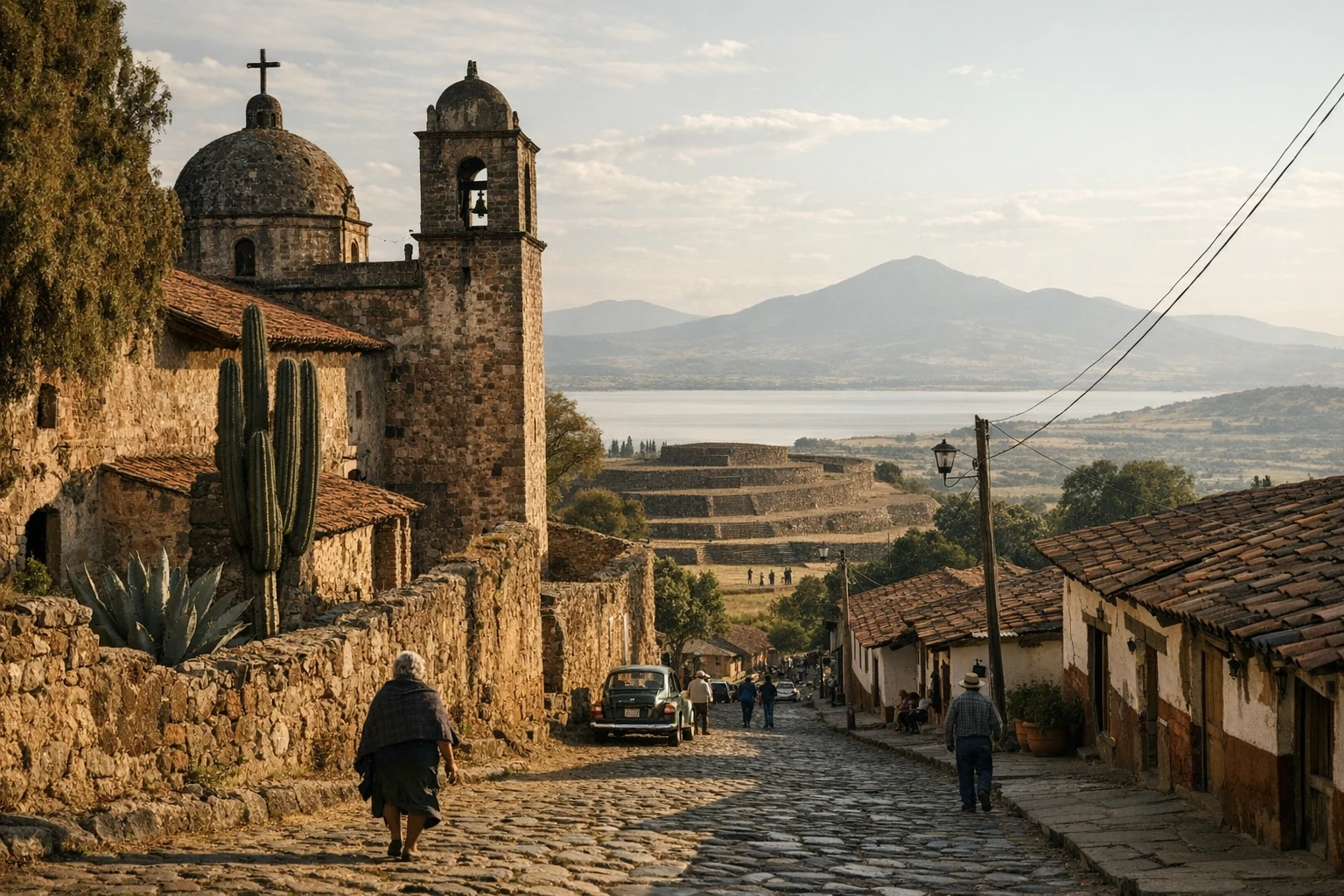 The yácata pyramids of Tzintzuntzan in Michoacán, Mexico, overlooking Lake Pátzcuaro