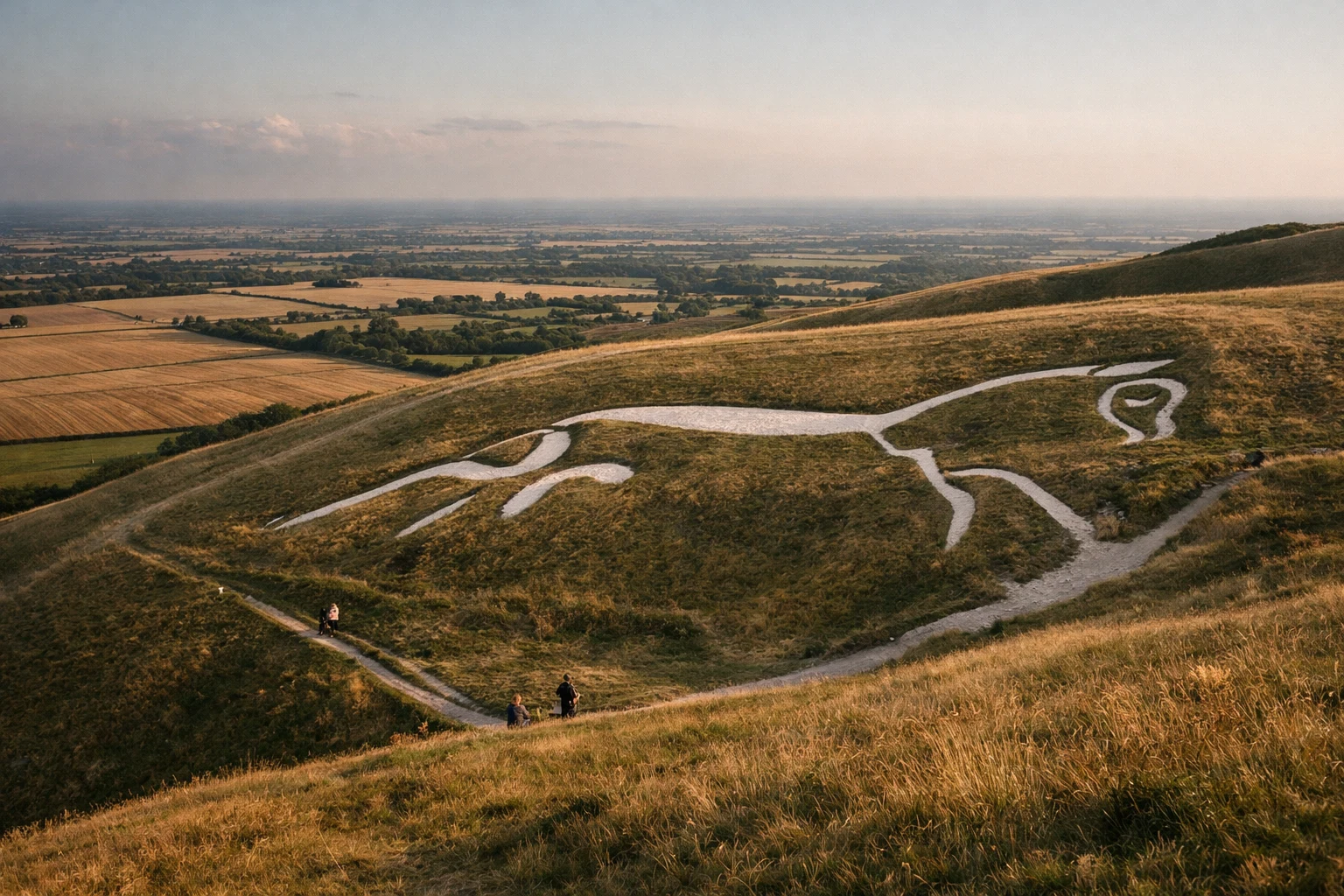 The Uffington White Horse carved into a chalk hillside in Oxfordshire, United Kingdom
