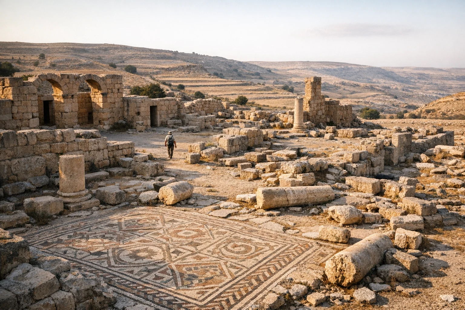 Ruins and stone remains at Umm Al-Walid in Jordan set against the open plateau landscape