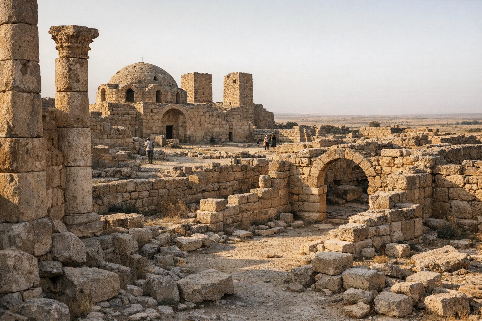 Ancient ruins and mosaic remains at Umm ar-Rasas in Jordan under clear desert light