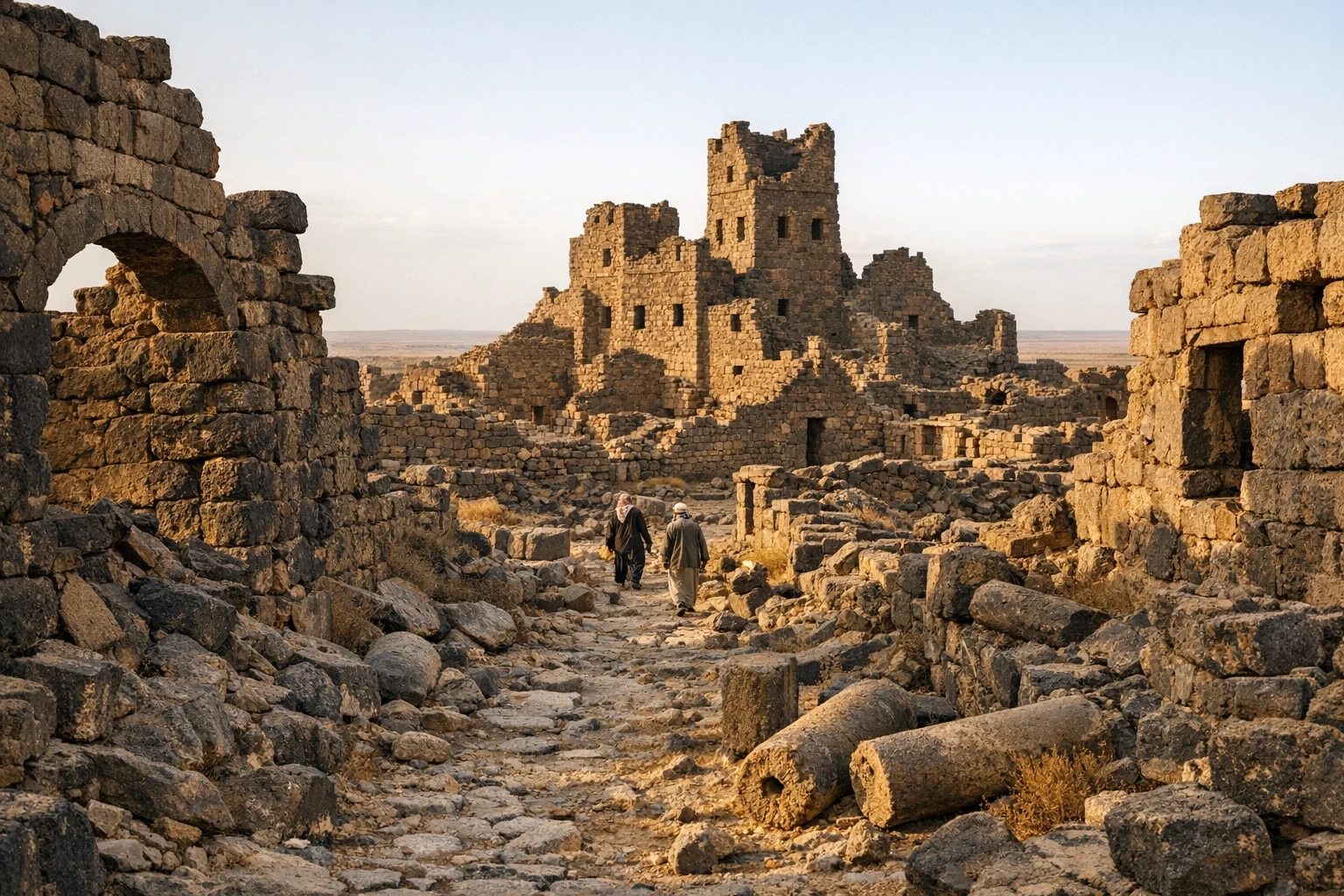 Black basalt ruins of Umm el-Jimal in northern Jordan under a wide desert sky