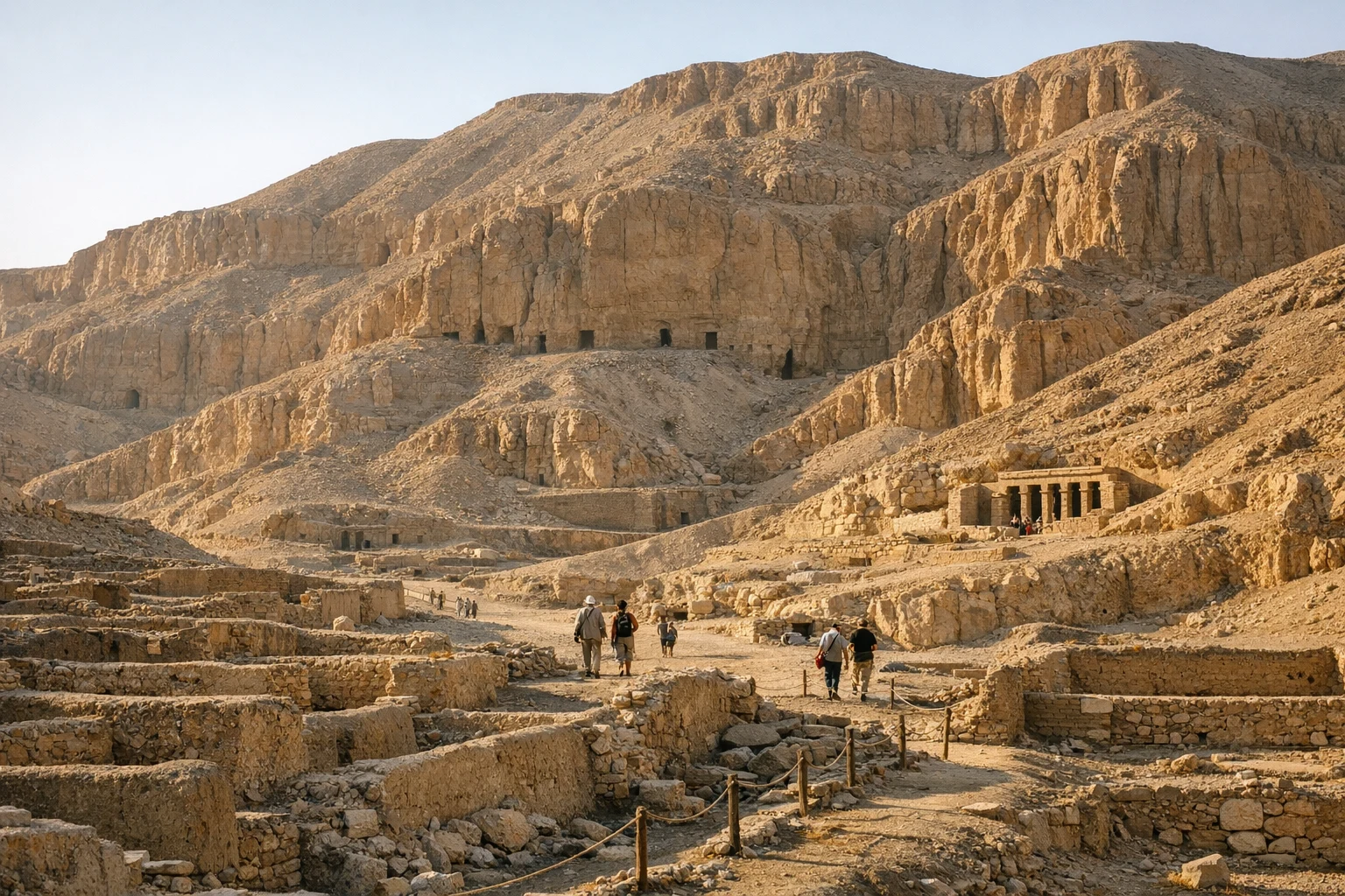 Panoramic view of the Valley of the Artisans in Egypt, surrounded by desert hills and ancient tomb entrances