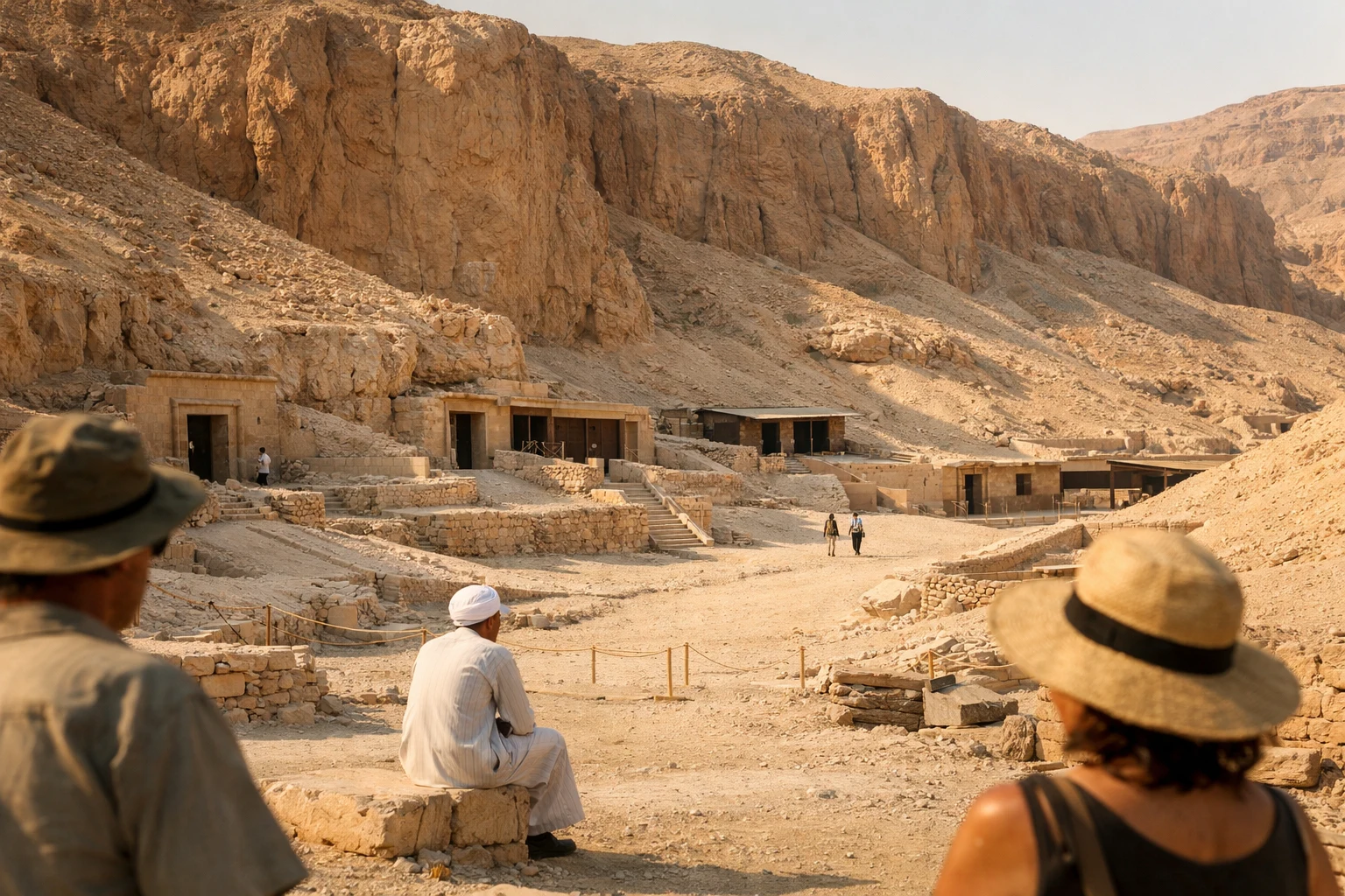 Sunlit tomb entrances in Egypt's Valley of the Queens with desert cliffs in the background