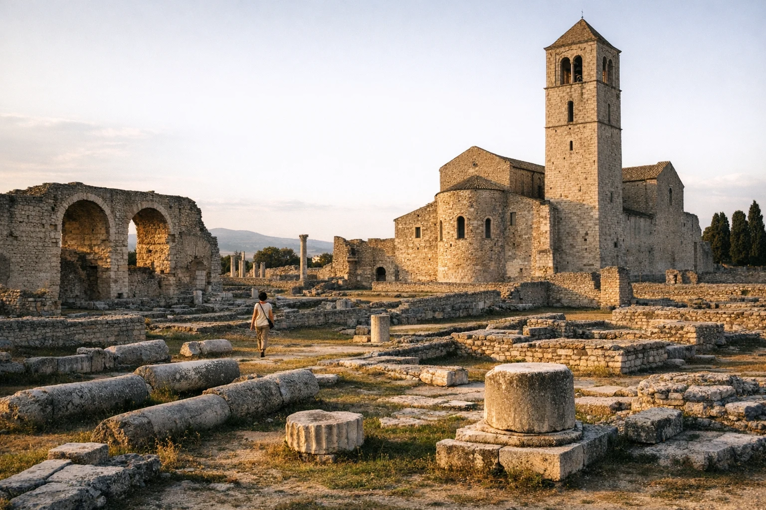 Ruins at Venosa Archaeological Park in Basilicata, Italy, with ancient stone walls and archaeological remains