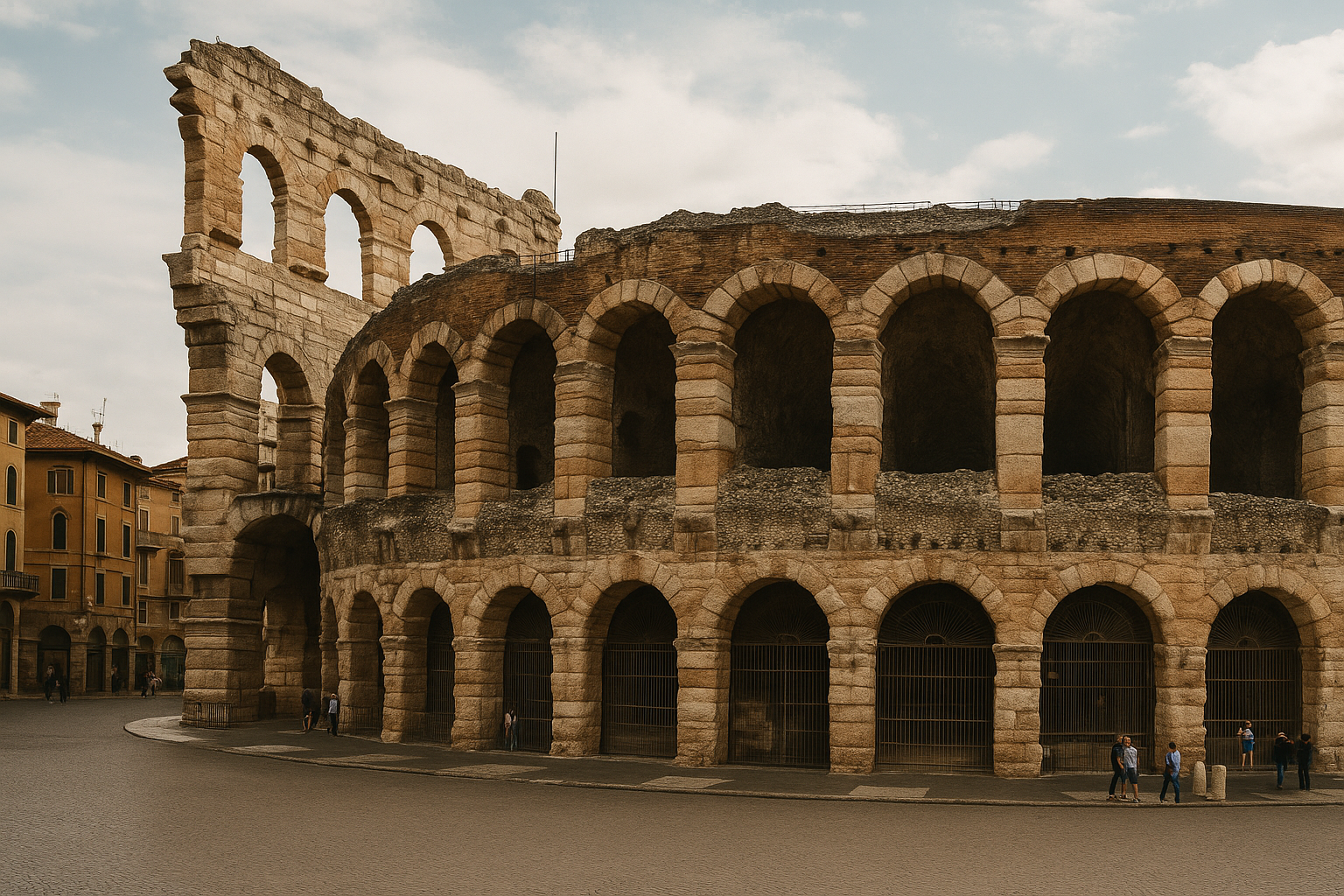 Ancient Roman stone arches of Verona Arena in Piazza Bra, Verona