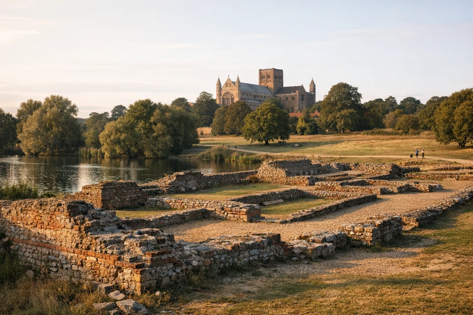 Ruins and green parkland at Verulamium (St. Albans) in the United Kingdom