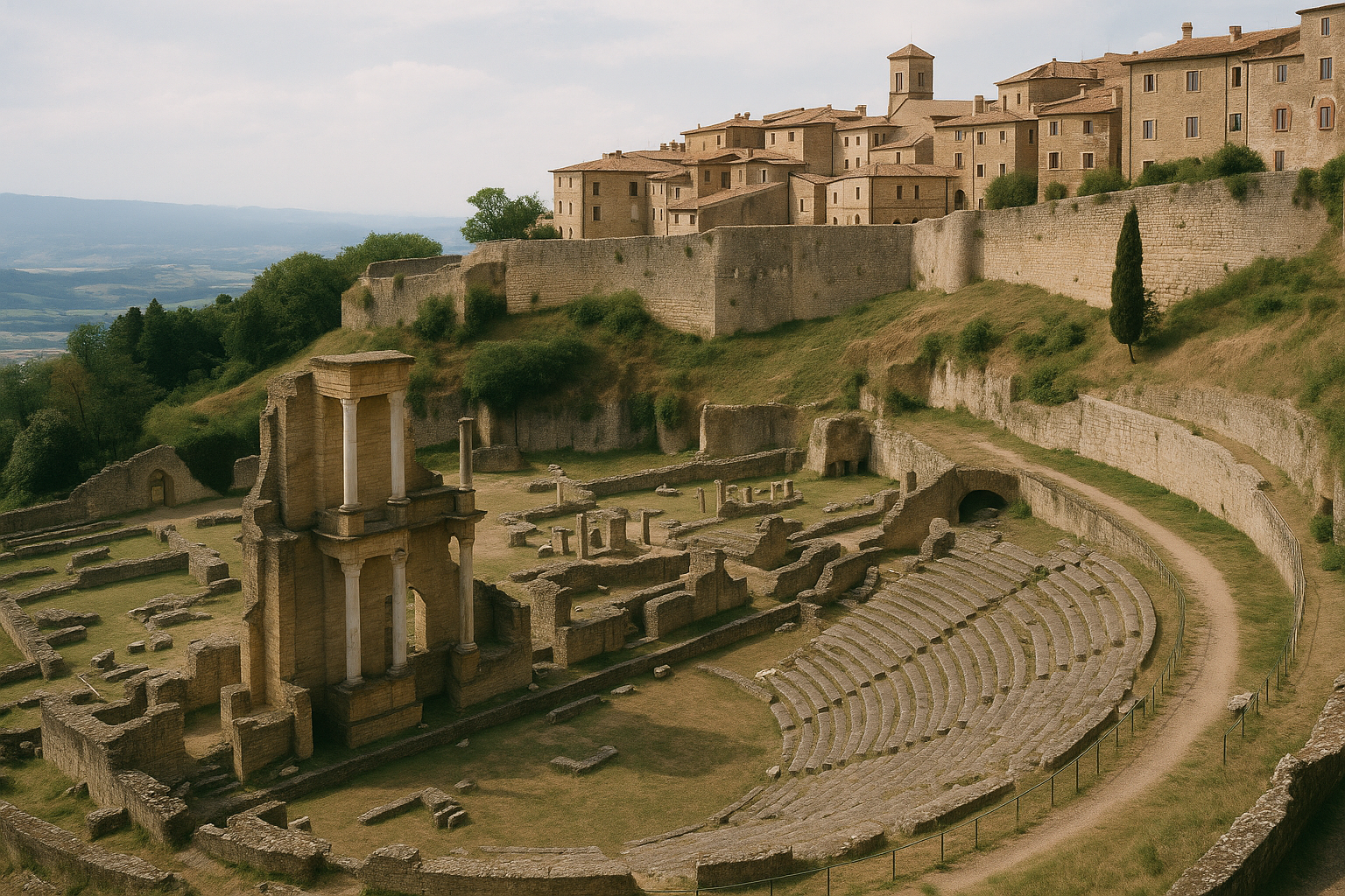 Roman theatre ruins below Volterra's medieval skyline in Tuscany