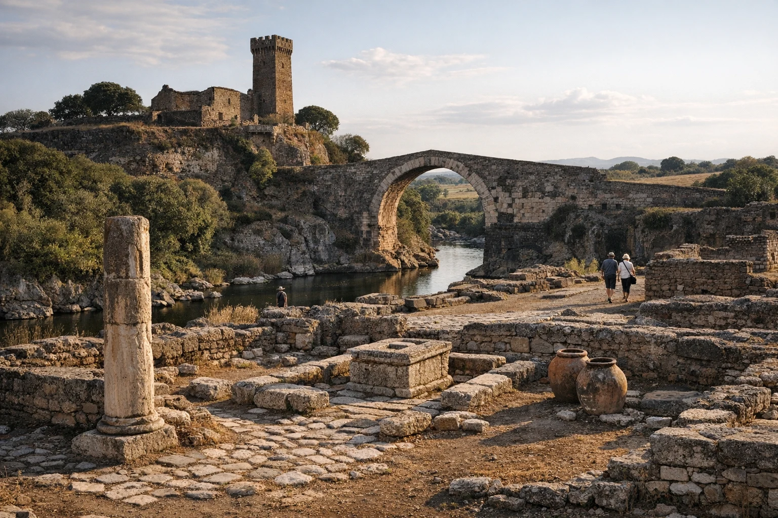 View of Vulci Archaeological Park in Italy with the Ponte dell'Abbadia and surrounding landscape
