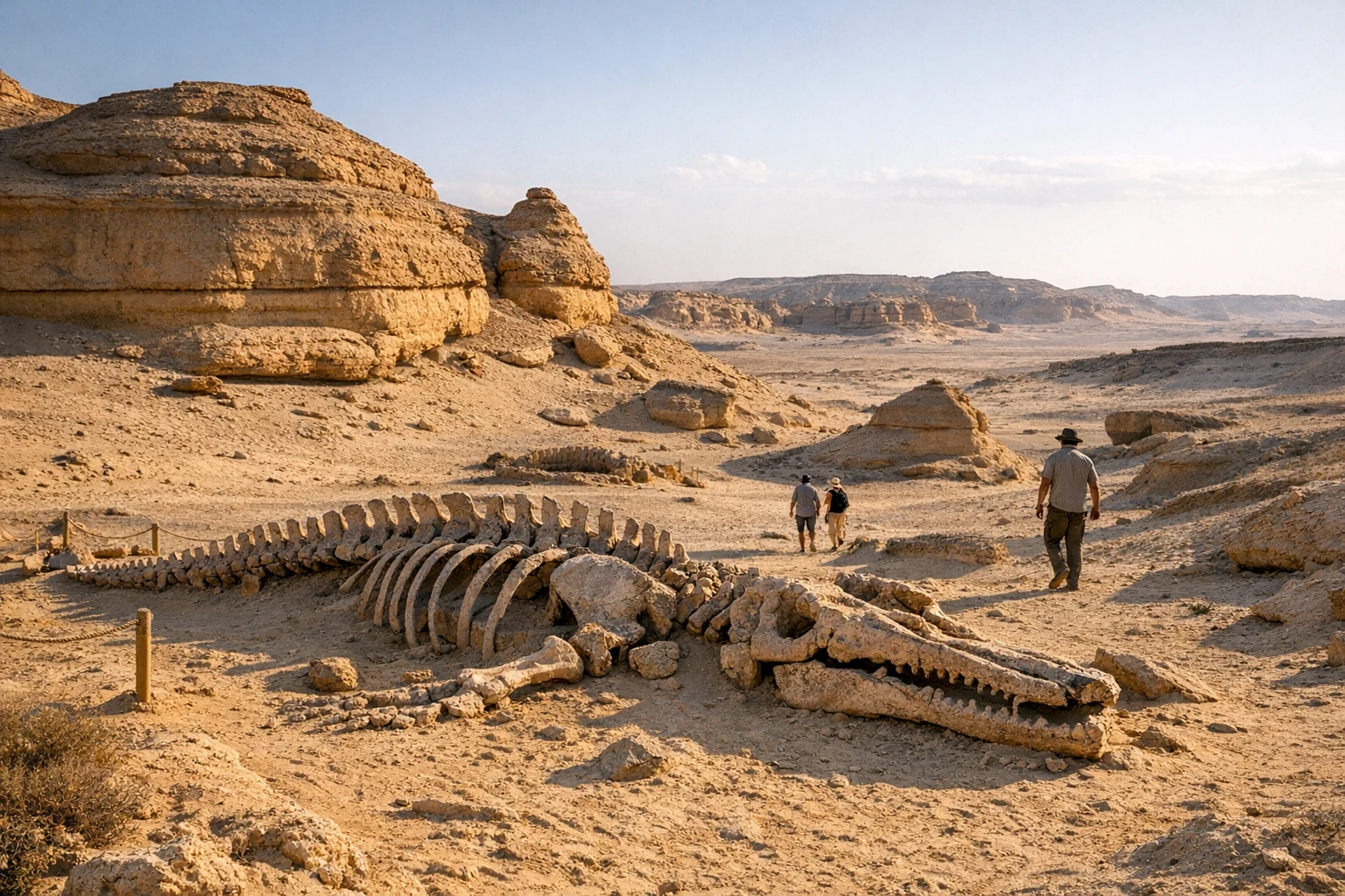 Panoramic desert landscape of Wadi el-Hitan (Valley of Whales) in Egypt with fossil-bearing rock formations
