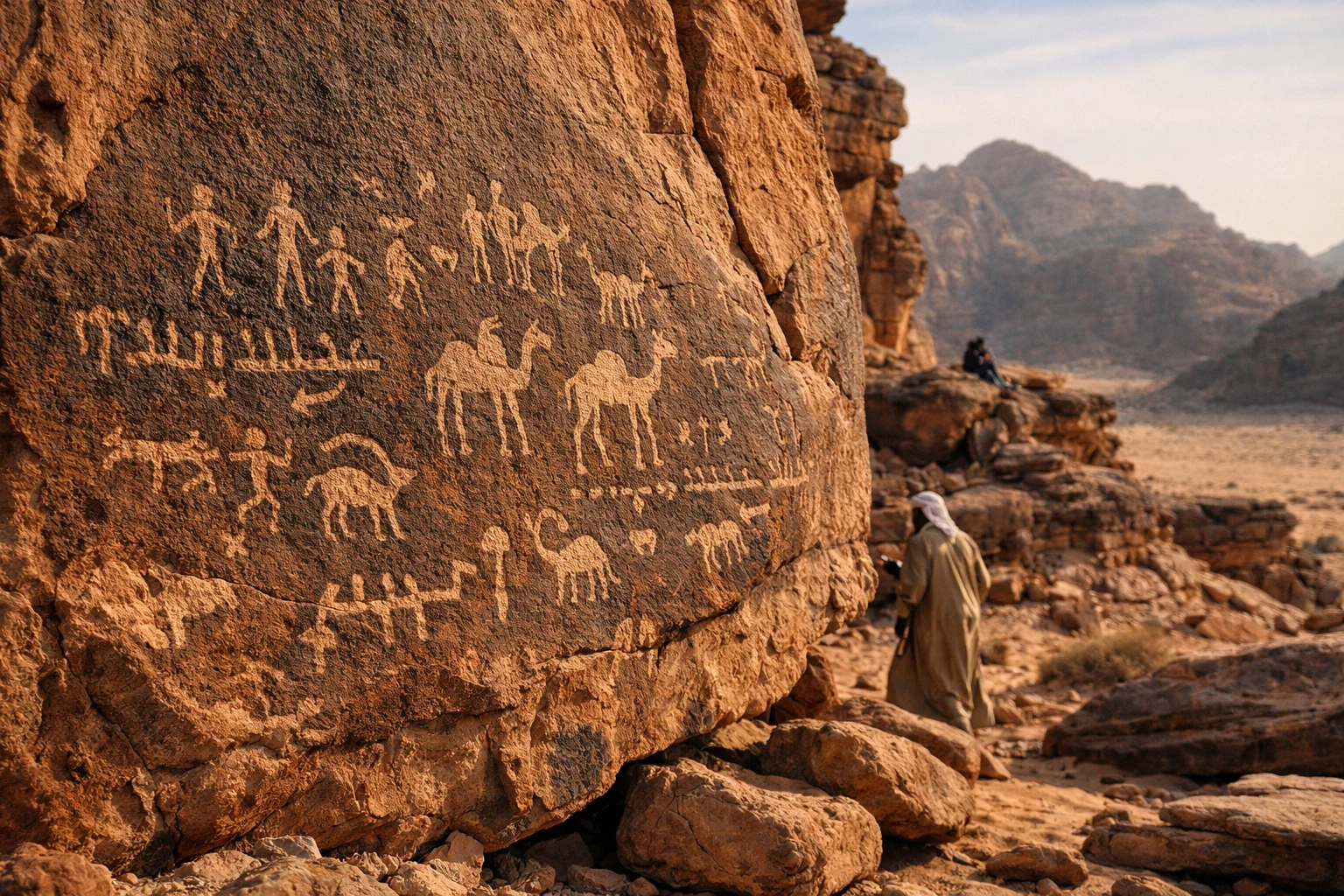 Ancient Thamudic and Nabataean inscriptions etched into the red sandstone of Wadi Rum, Jordan
