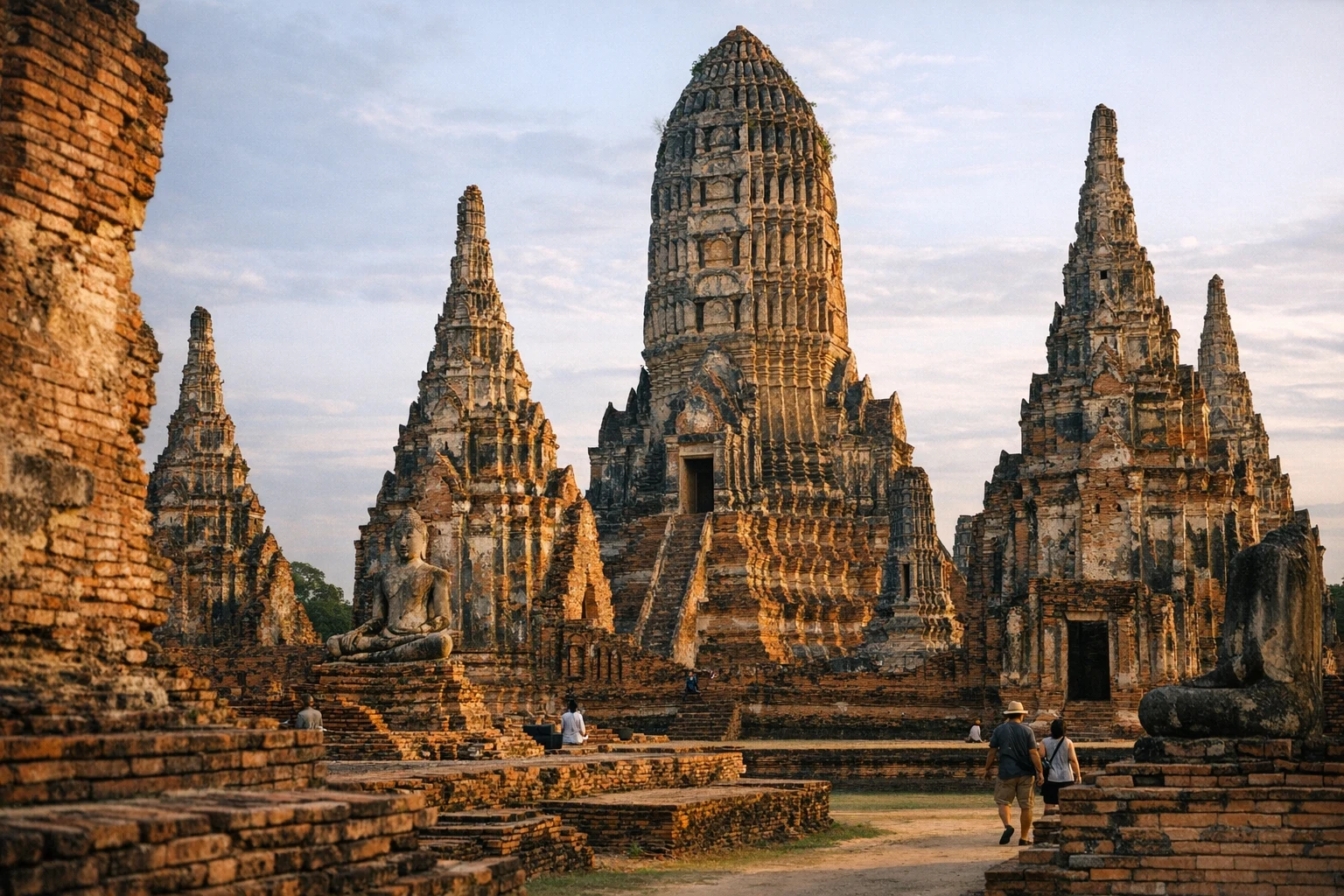 The central prang and surrounding towers of Wat Chaiwatthanaram in Thailand at sunset